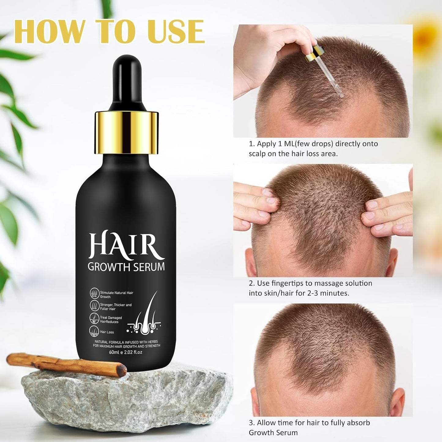 Aceite Orgánico para el Crecimiento del Cabello 5% - Solución de Uso Externo - Crecimiento y Engrosamiento del Cabello - Para la Caída y Afinamiento del Cabello Masculino - Reactiva los Folículos que se Encogen - Dispensador de Bomba Precisa, 60ml Cuidado del Cabello Naty Shop