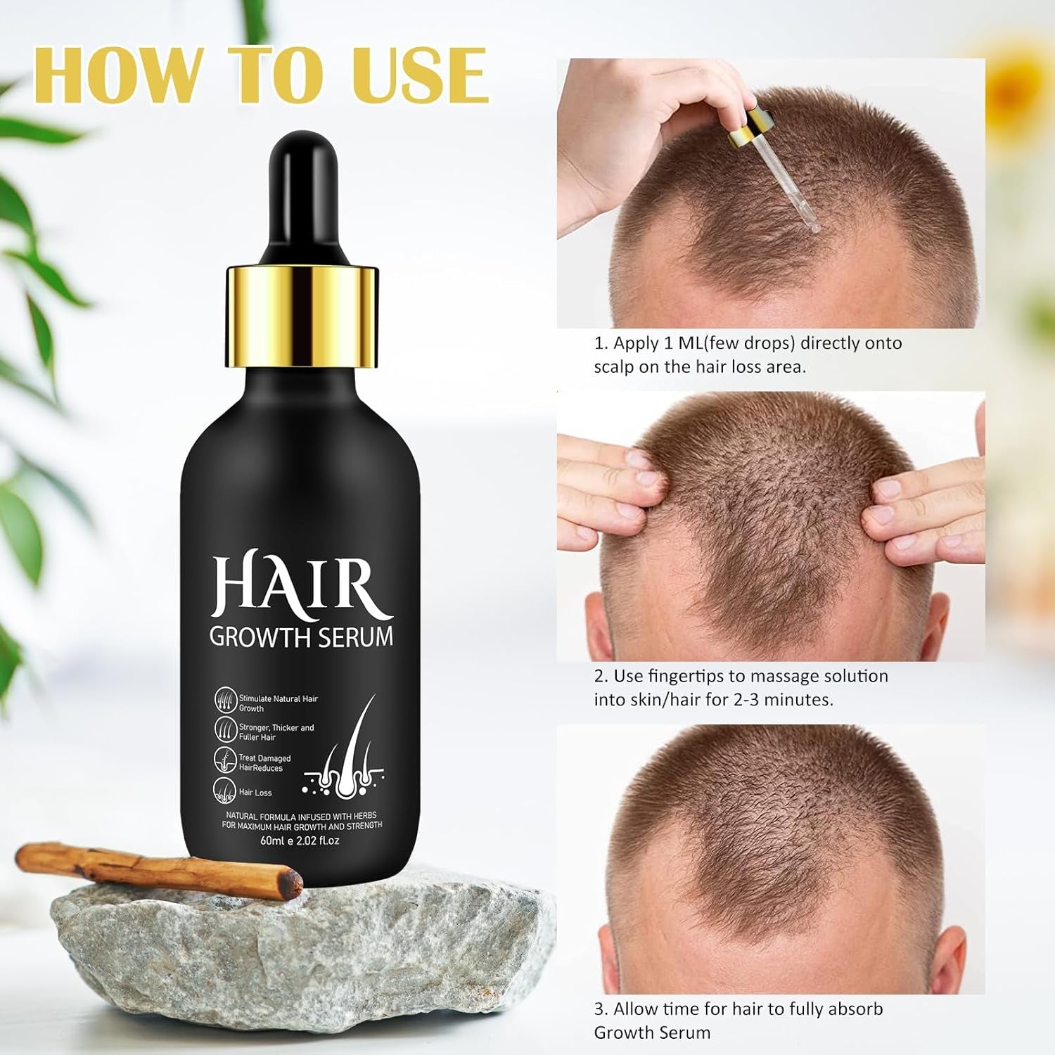 Aceite Orgánico para el Crecimiento del Cabello 5% - Solución de Uso Externo - Crecimiento y Engrosamiento del Cabello - Para la Caída y Afinamiento del Cabello Masculino - Reactiva los Folículos que se Encogen - Dispensador de Bomba Precisa, 60ml Cuidado del Cabello Naty Shop