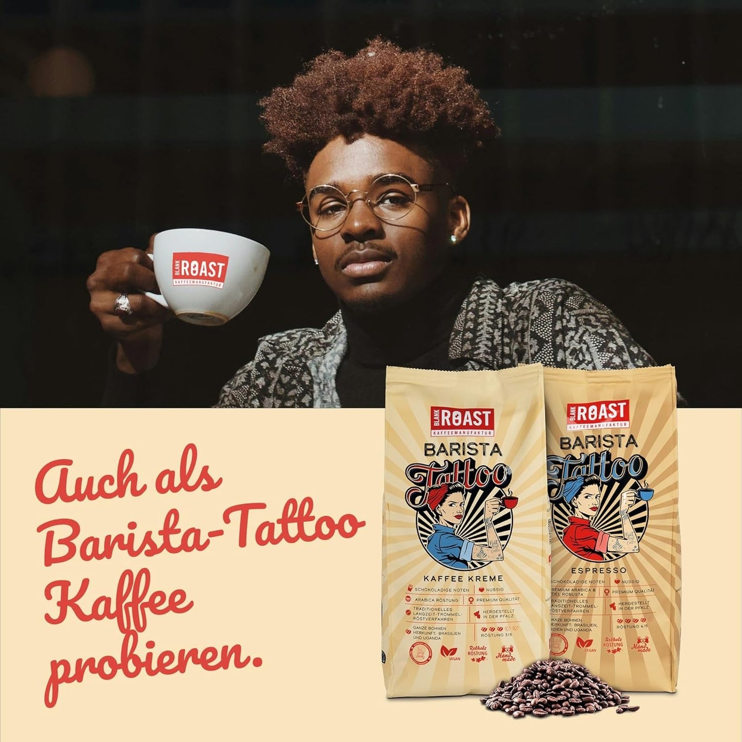 ASADO EN BLANCO - Barista Tattoo Espresso - 1000g - im Langzeit Trommel-Röstverfahren geröstet - Bohnen aus den besten Anbaugebieten - Premium Arábica y Edel Robusta - schokoladig & nussig - säurearm