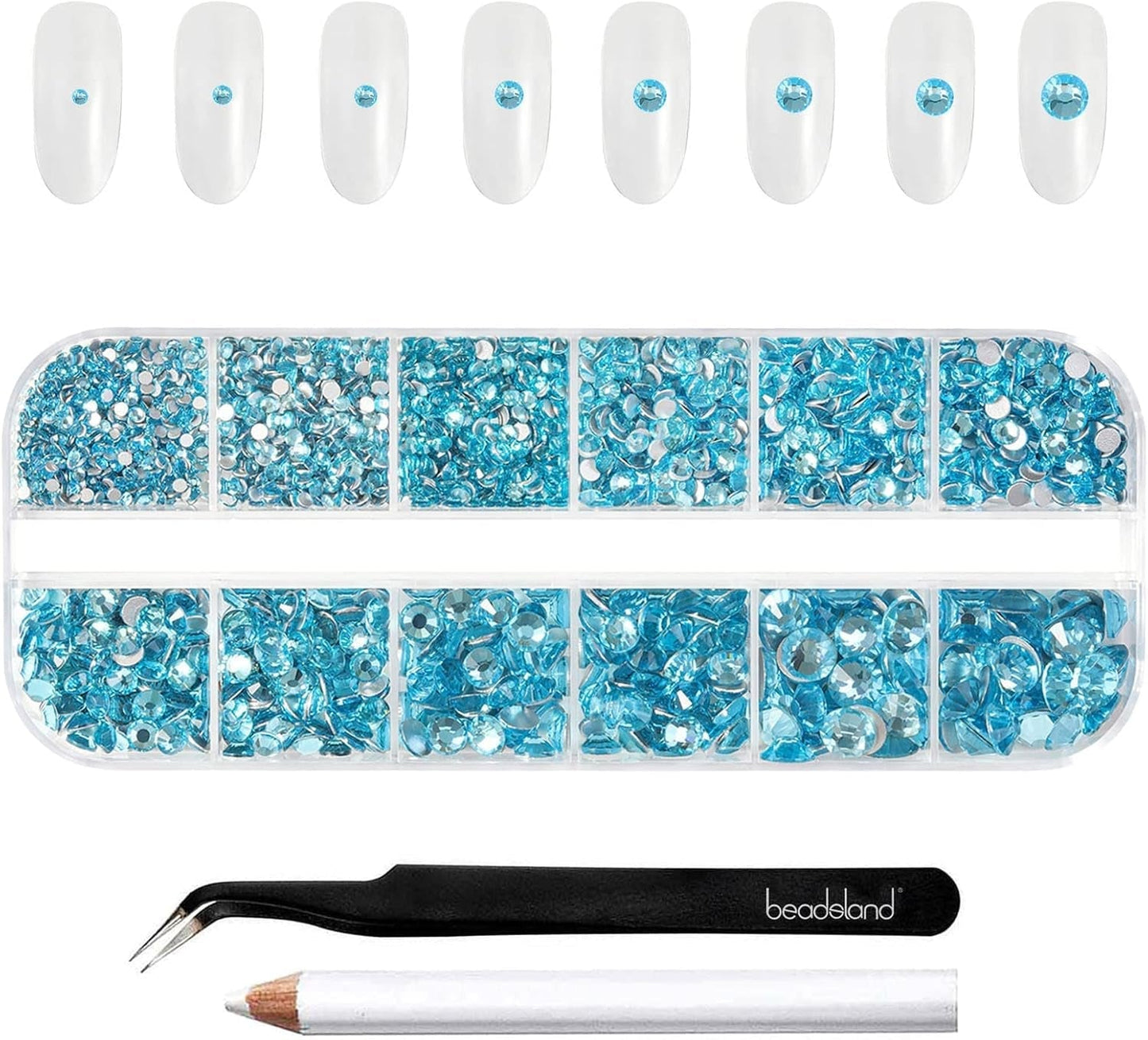 Beadsland 2500 piezas de piedras de cristal para decoración de uñas con parte trasera plana, piedras preciosas para trabajos manuales de 8 tamaños SS4 ~ SS30 con pinzas y puntas (Kristall Weiss)