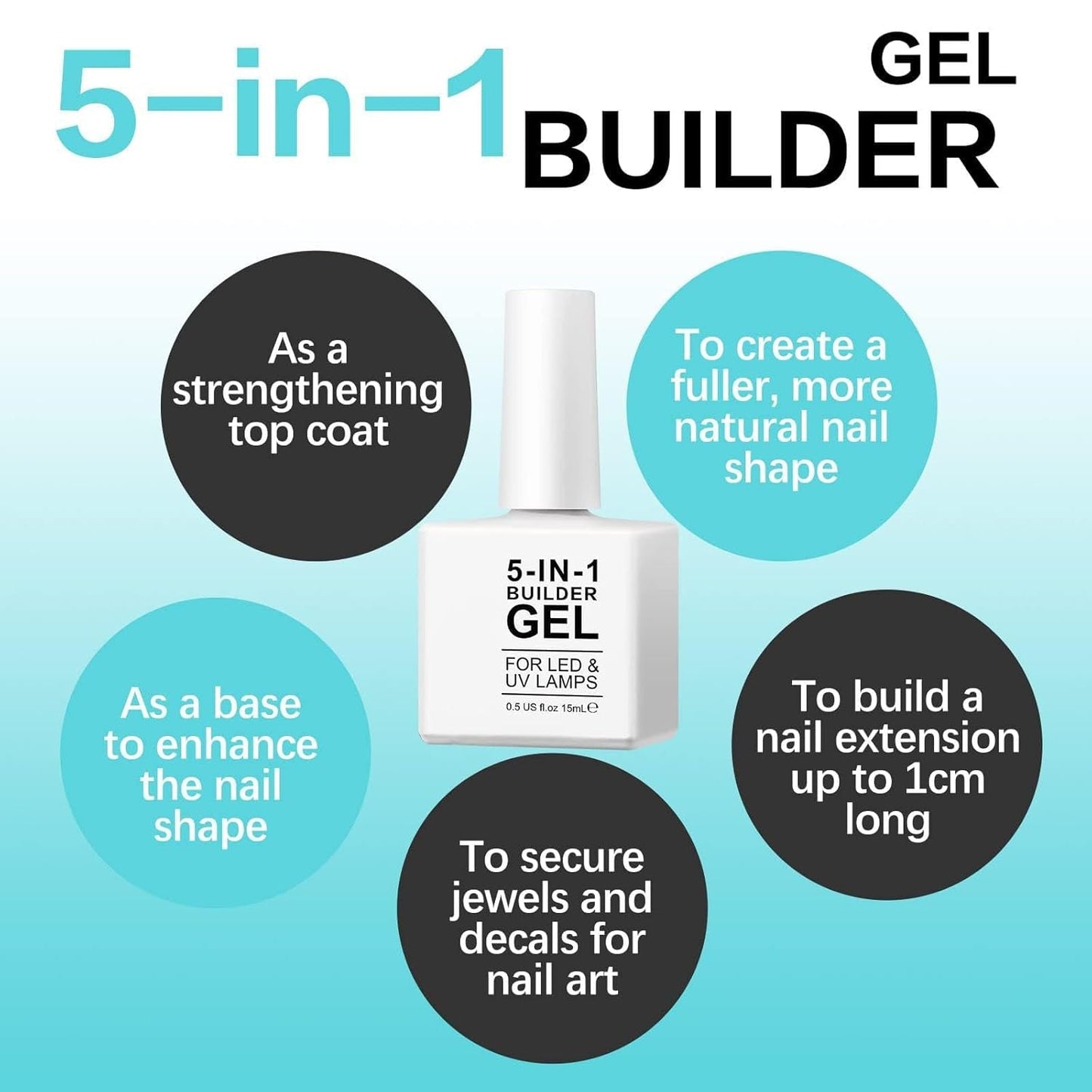 Builder 5 en 1 Builder Gel 15ml, Nail Builder Gel, Nail Builder Gel, UV/LED Extensión de uñas Esmalte de uñas, Extensiones, Nail Art, Pegatinas, Gel Nail Builder Gel (Blanco)