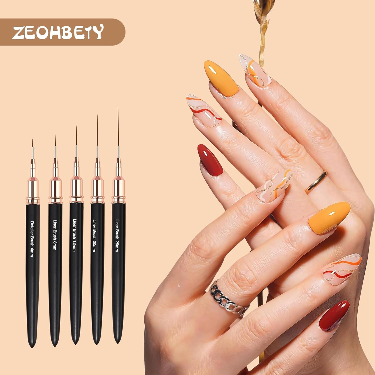 Pinceles para uñas, 5 piezas Pinceles para contorno de uñas, Juego de pinceles para diseño de pintura, Herramienta de dibujo de punta de uñas para líneas largas, Detalles finos, Dibujo fino en tamaño 6/9/12/15/18 mm, Negro