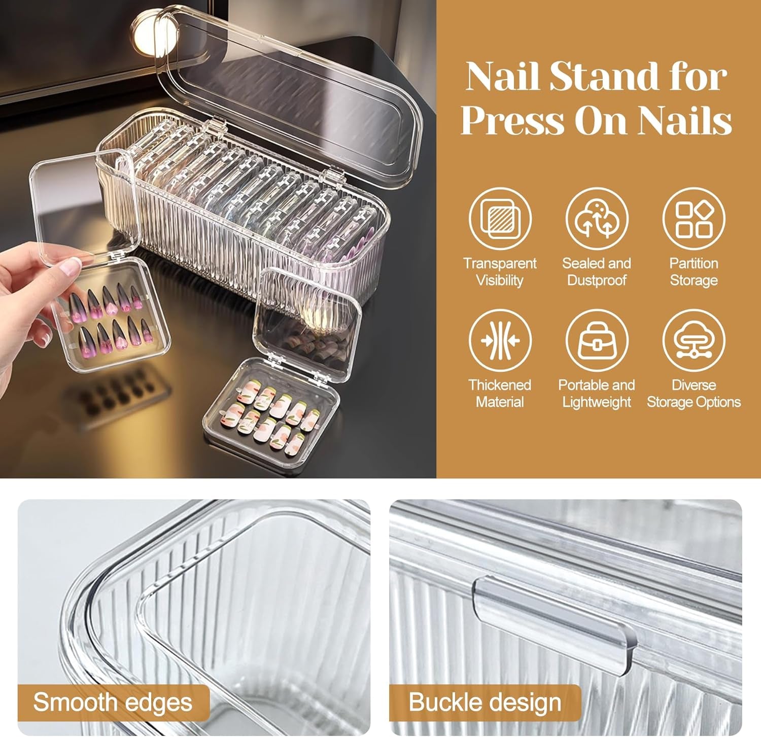 INMORVEN Juego de Cajas de Almacenamiento de Uñas - 14 Cajas de Uñas Transparentes + 1 Caja Grande y 60 Discos Adhesivos - Ideal para guardar uñas postizas, accesorios de uñas de gel y esmalte de uñas (14 piezas en una capa)