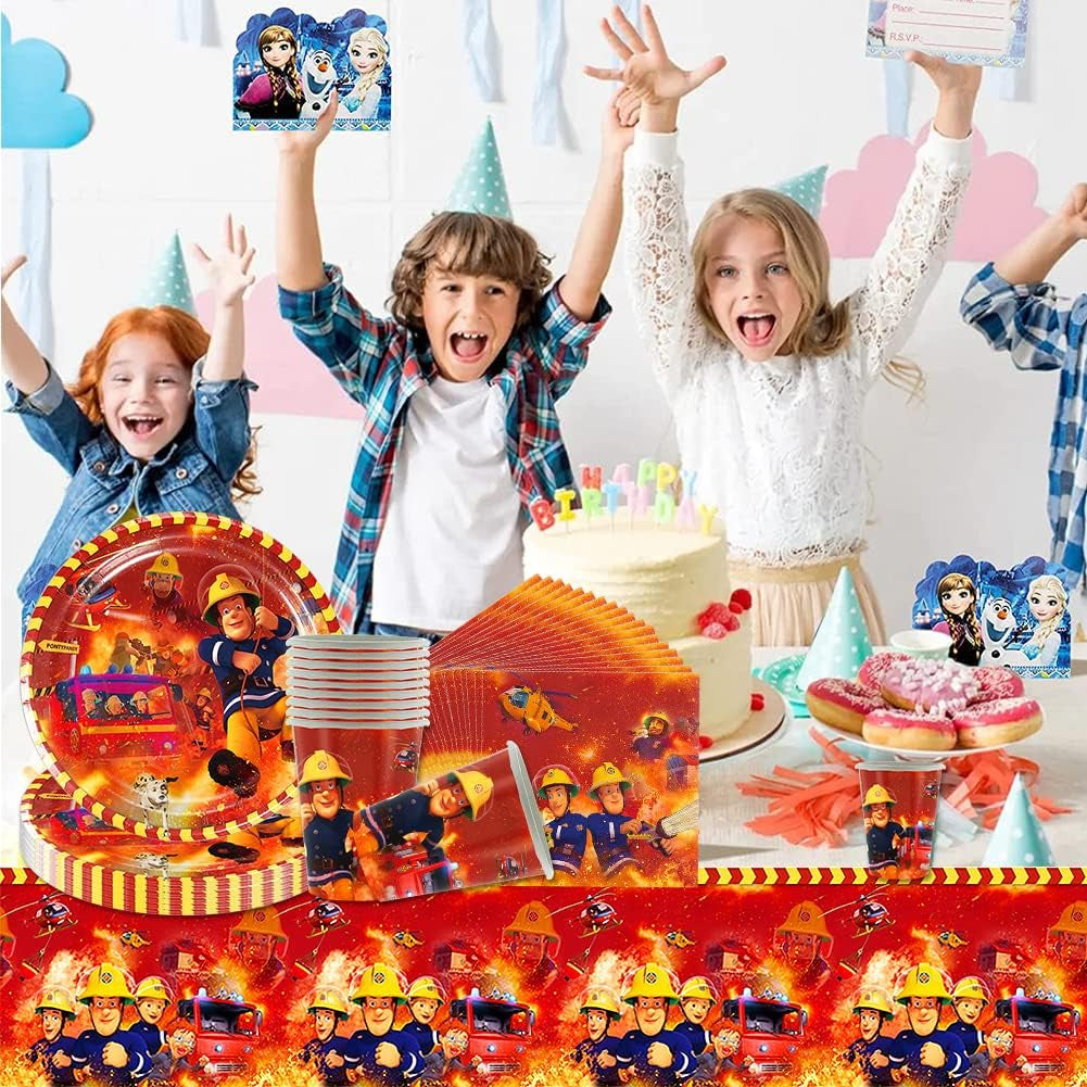Juego de vajilla para fiesta temática de bomberos, decoraciones para fiesta de cumpleaños de bomberos, 61 piezas para 20 invitados