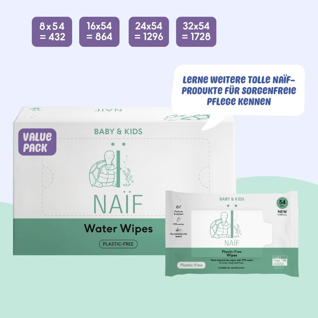Naïf Plastikfreie Feuchttücher 432 Stück (8Er X 54 Feuchttücher) - Pflege Für Babypo, Körper Und Gesicht - 99% Aus Wasser - 0% Parfüm Und Alkohol - Nachhaltige Feuchttücherbox Eukalyptus Sensitiv Naty Shop