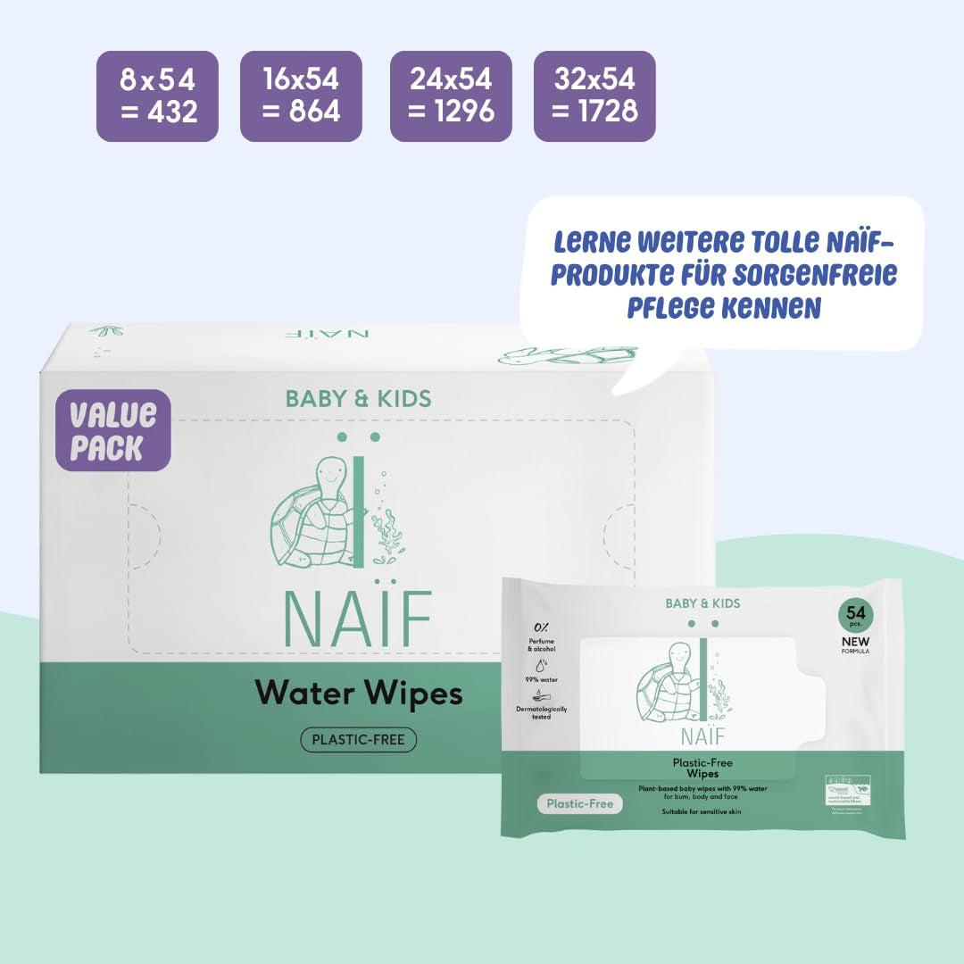Naïf - Toallitas húmedas sin plástico - 1296 piezas (24 piezas x 54 toallitas húmedas) - Cuidado de las nalgas, el cuerpo y la cara del bebé - 99% agua - 0% fragancia y alcohol
