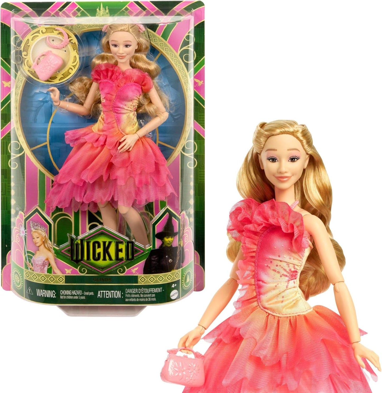 Mattel Wicked Glinda Fashion Doll y accesorios con cabello rubio, varias poses posibles y apariencia de vestido de fiesta desmontable, HXT63