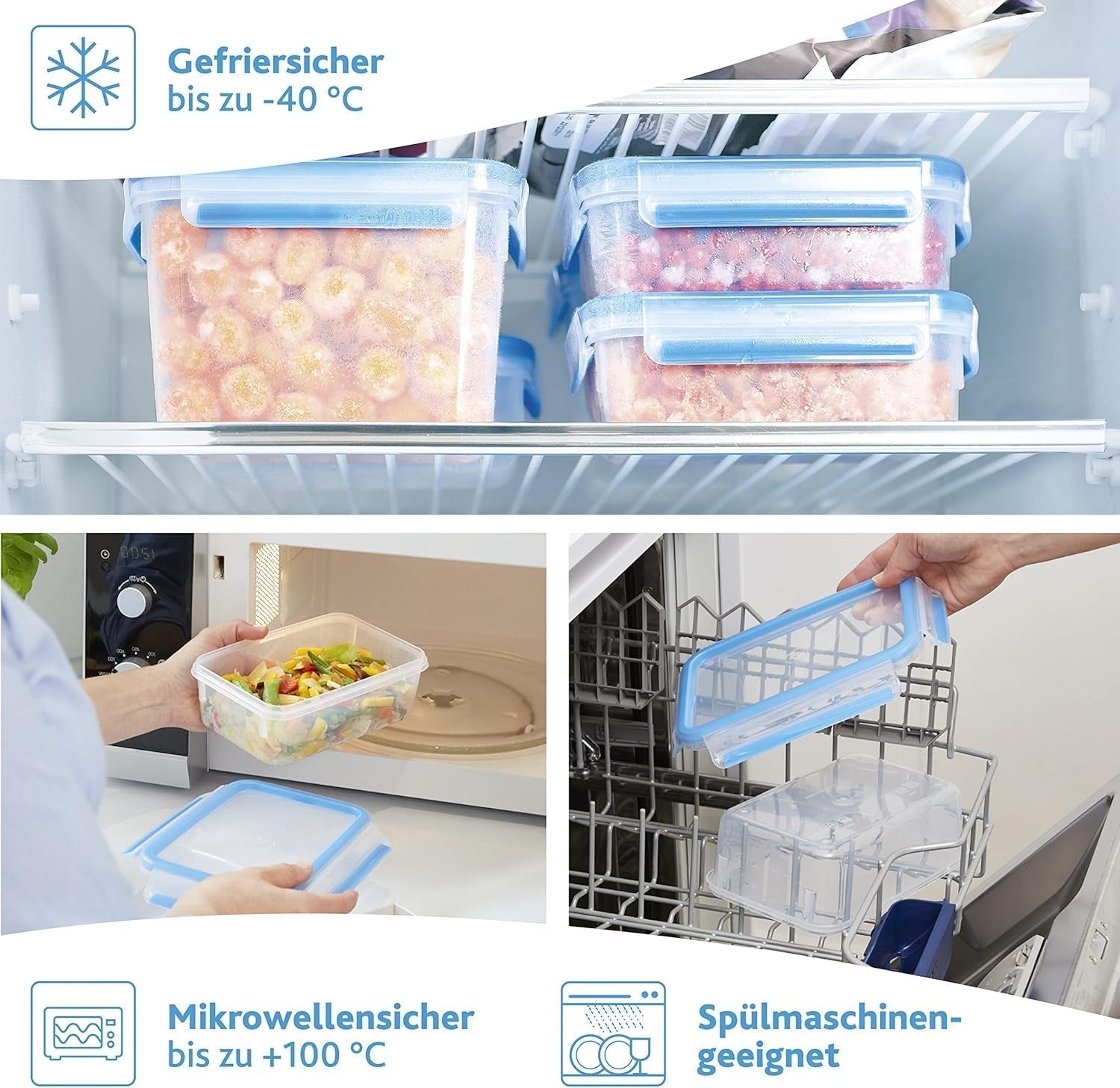 Emsa 515585 Clip y cierre para alimentos | Juego de 3 piezas | plástico | transparente / verde | Cajas de almacenamiento de alimentos Naty Shop de 0,55 / 1 / 2,2 litros