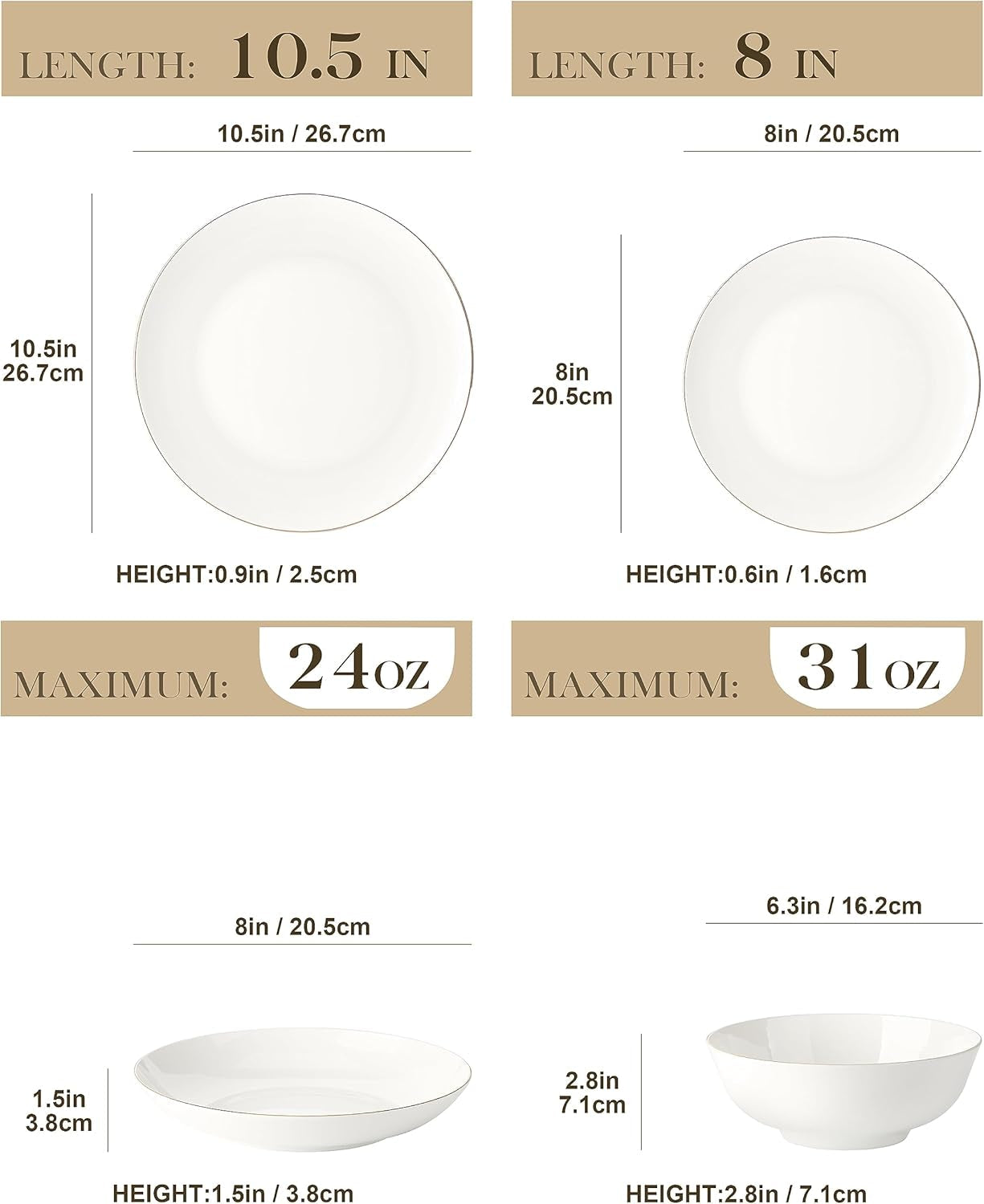 MALACASA Juego de vajilla para 4 personas Bone China Juego de vajilla de 16 piezas Redondo blanco con borde dorado Juego combinado de 4 platos llanos 4 platos de postre 4 platos Suma y 4 tazones de cereales Serie NORI