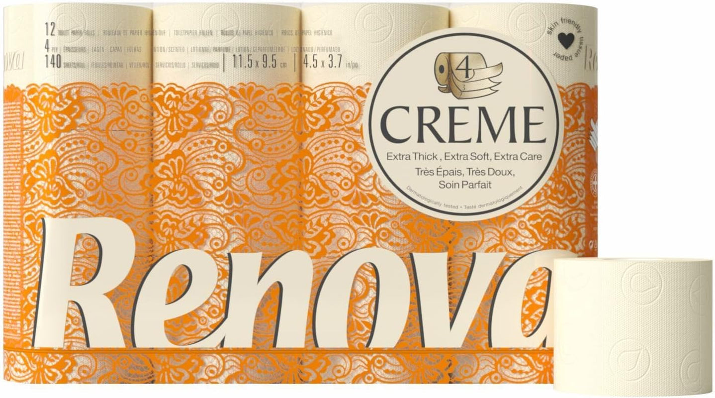 Papel higiénico Renova 4 capas crema perfumada, rollo de 12 rollos