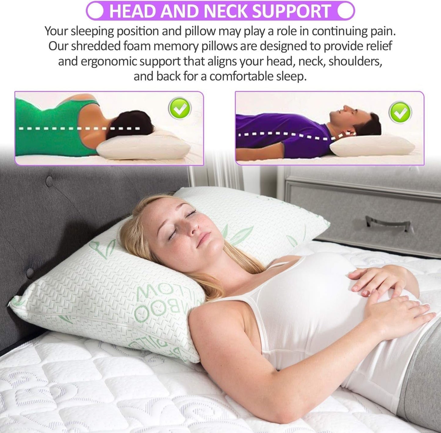 Paquete de 2 almohadas de bambú King Size - Almohada de cama ajustable de espuma viscoelástica triturada - Espalda, barriga, para dormir de lado, funda extraíble, alternativa refrescante al plumón de hotel, King (paquete de 2) Naty Shop Standard Pillows