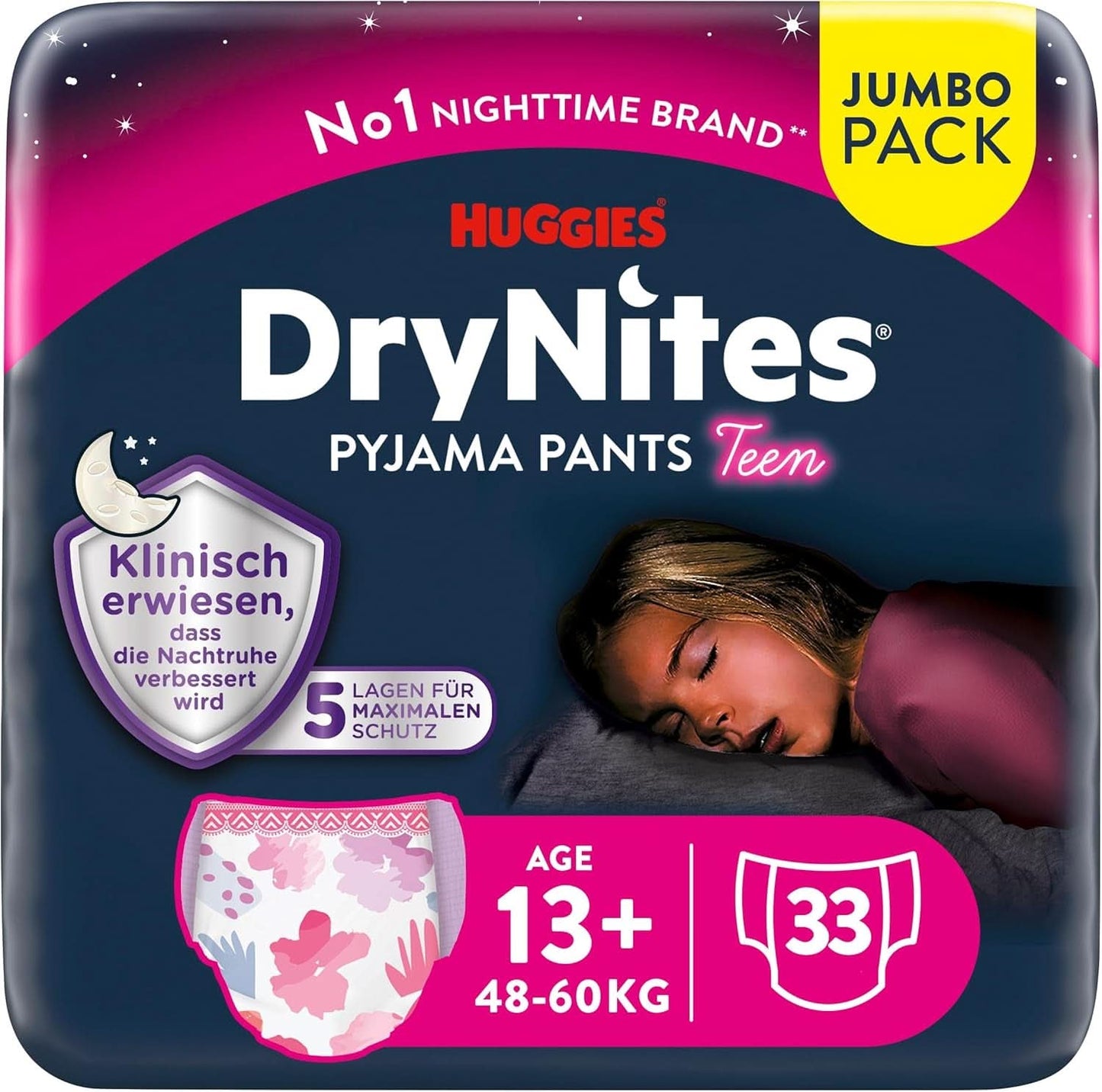 Huggies Drynites Nachtwindeln Bei Bettnässen, Für Mädchen Ab 13 Bis Ca. 17 Jahre (48-60 KG), 33 Stück (3X11), Jumbo-Monatspack, Pañal-Pants XL Accesorios Alimentación y Lactancia Baby Naty Shop
