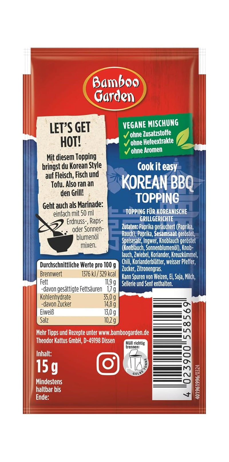 Bamboo Garden - Cobertura de barbacoa coreana | Gewürztopping zum Verfeinern von Koreanischen Grillgerichten | Ingredientes veganos y naturales | 15 gramos en bolsa