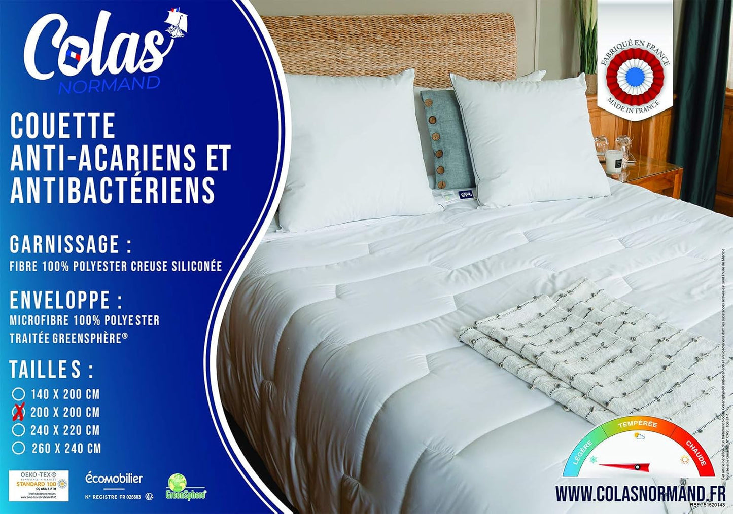 COLAS NORMAND Edredón antiácaros y antibacteriano, ligero, 200 X 200 cm, efecto duradero, perfecta higiene, microfibra, suave y confortable, lavable, francés, blanco 53130248 Naty Shop Edredones y Edredones