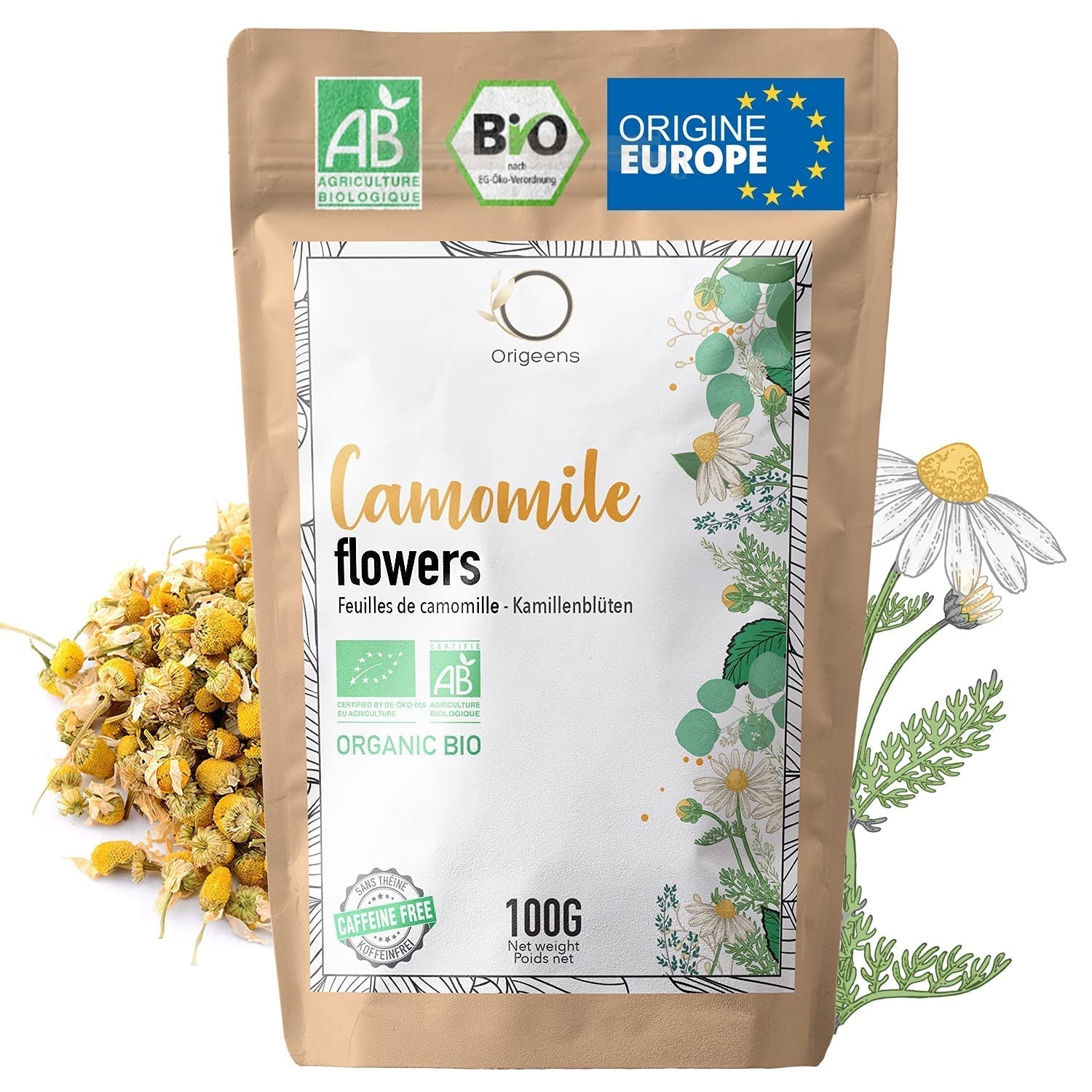 ORIGEENS Té de Flores de Manzanilla Bio de Europa, 100 g | Té de hojas sueltas, té orgánico para el sueño y la digestión | Manzanilla alemana | Certificado y empaquetado en Alemania.