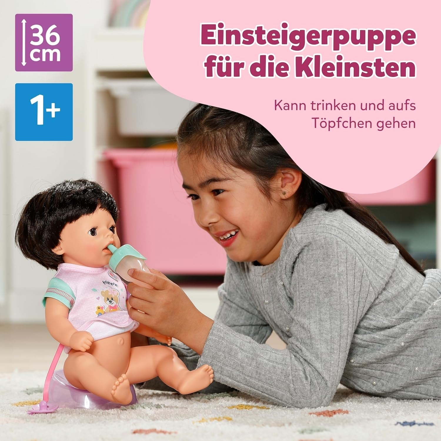 BABY Born Amy - Muñeca 36 cm - Muñeco bebé con 7 funciones para niños a partir de 1 año - Funciona sin pilas - Incluye accesorios y colchón