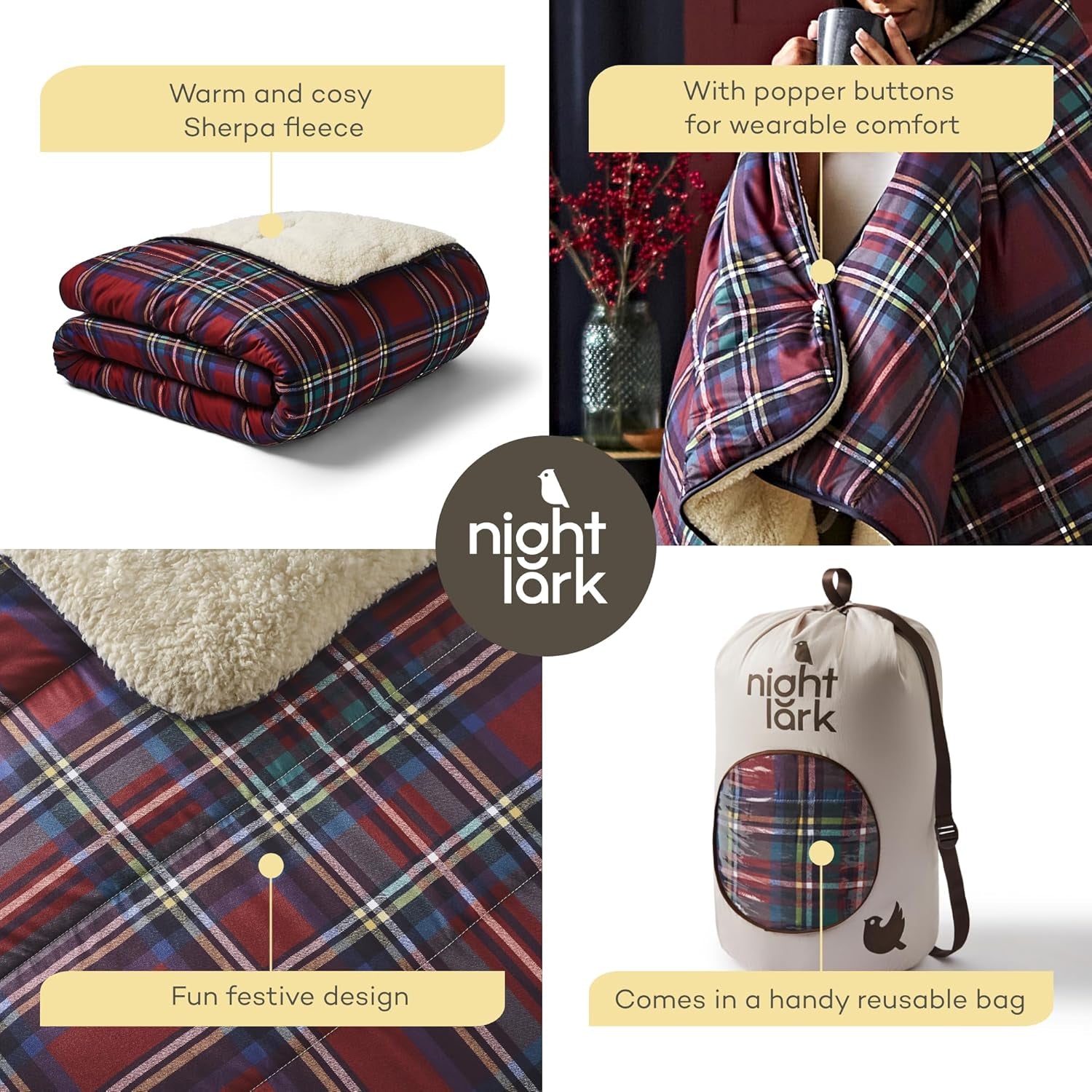 Night Lark Acogedora manta polar Sherpa, tartán rojo clásico, 9 tog, lujosa, esponjosa, gruesa y reversible, perfecta para sofá, cama, sofá, sofá. Hipoalergénico, lavable a máquina, Tamaño: Camas y edredones Night Lark