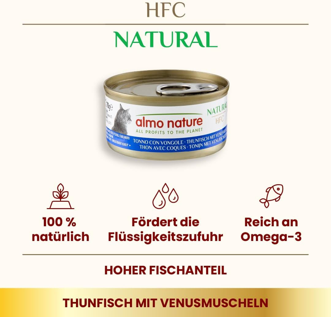 Almo Nature HFC Comida húmeda natural para gatos - Atún con almejas, paquete de 24 (24 x 70 g)