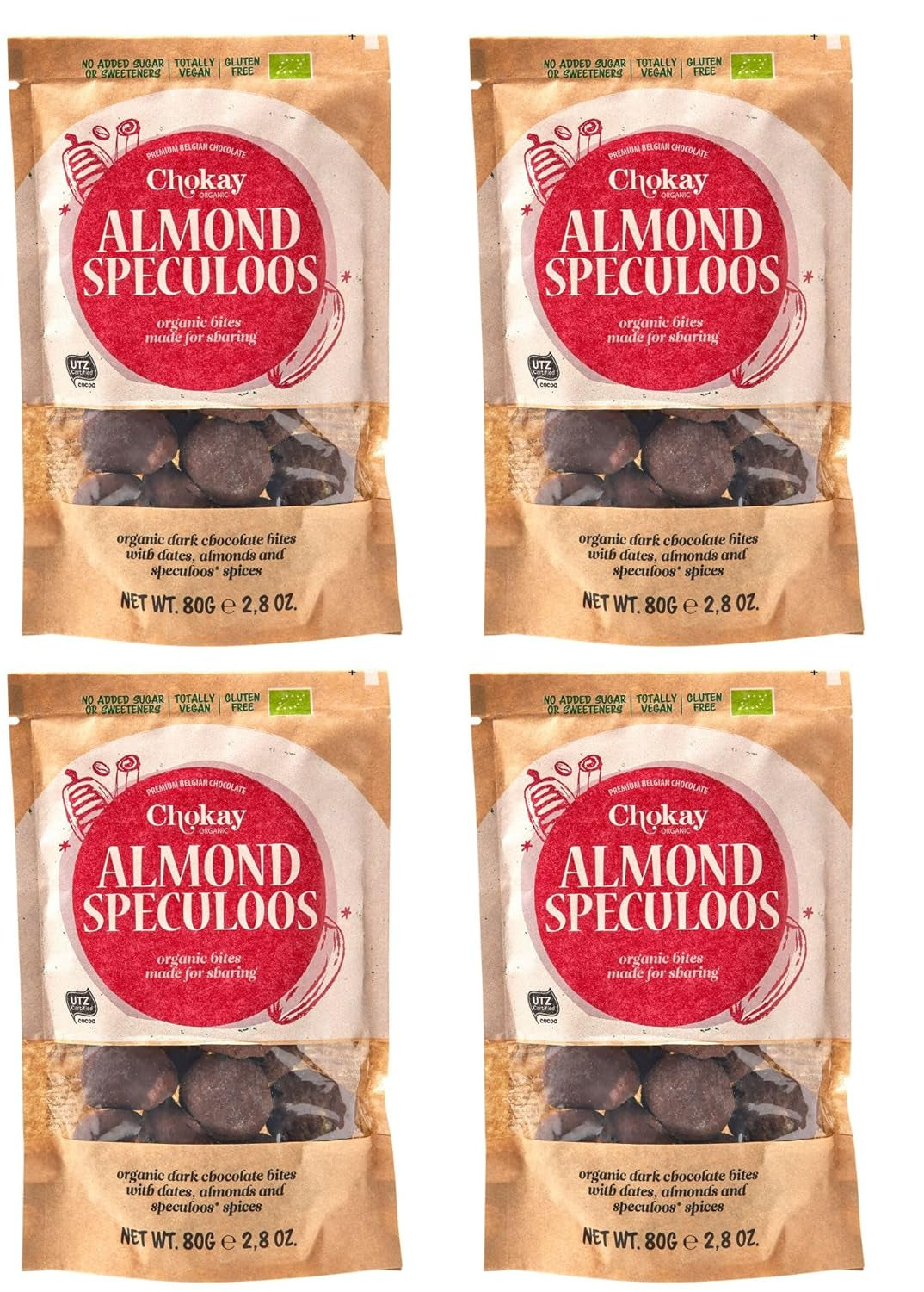 Juego de 4 bocados orgánicos - Almendras con canela/Almendras con canela en chocolate amargo belga/Sin azúcar añadido, sin edulcorantes/VEGANO Y DE COMERCIO JUSTO / 4 x 85 g