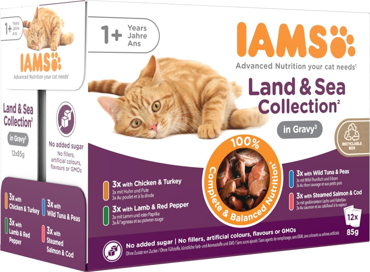 IAMS Delights Land & Sea Collection Comida Húmeda para Gatos - Surtido de Carne y Pescado Multipack en Salsa, Comida Húmeda para Gatos de 1 Año y Más, 12 x 85 g