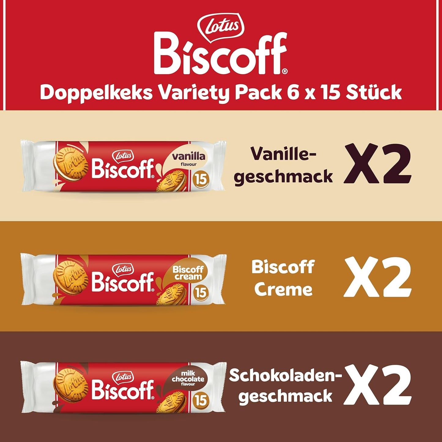 Loto Biscoff | Paquete variado de galletas dobles | 3 Variedades | 2 paquetes por variedad | 15 galletas dobles por paquete | Ingredientes de Origen Natural | Sin colorantes | 6 x 150 g | 900g