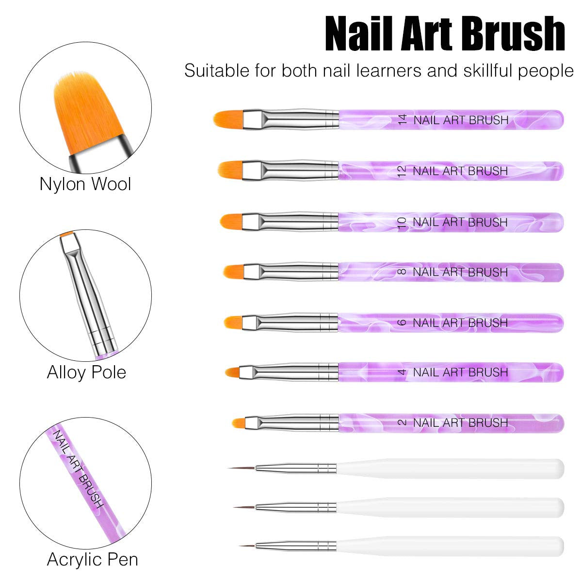 Juego de pinsel de uñas, 10 piezas Gelnägel Pinsel Nagellackstift Acrylpinsel para gel UV Nägel Acrylfingernägel Nailart Maniküre Nageldesign Zubehör