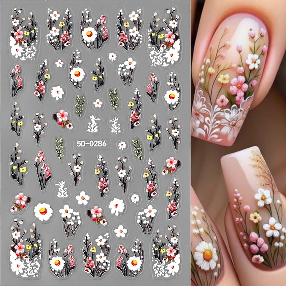 Calcomanías De Uñas De Flor De Ciruelo, Calcomanías De Uñas De Flor Rosa Blanca, Calcomanías De Uñas De Flor En Relieve, Calcomanías De Uñas De Flor De Primavera Verano, Diseños De Uñas, Accesorios De Uñas, Arte De Uñas