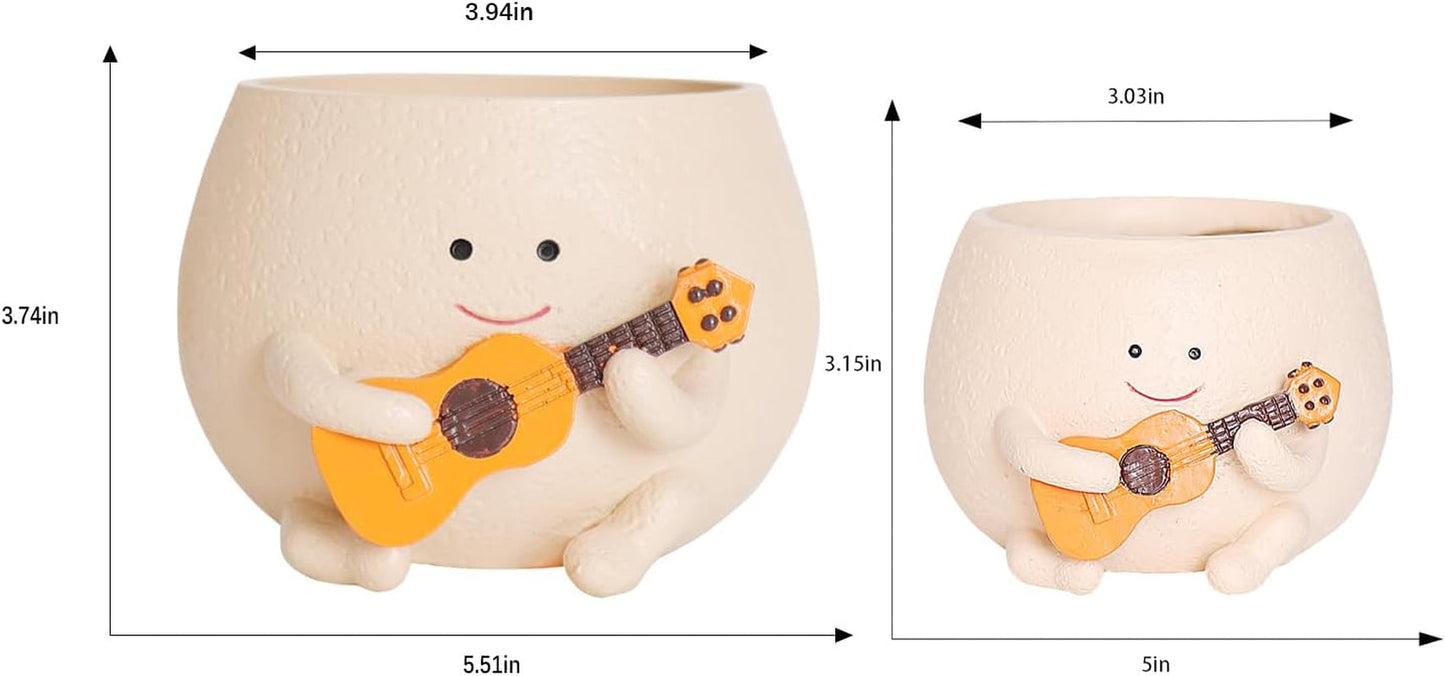 Macetas con cara sonriente, collar de perlas con cabeza de resina bonita, maceta para flores, guitarra única, maceta suculenta para interiores y exteriores, idea de regalo para mamá