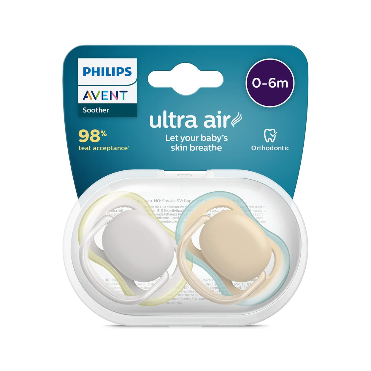 Philips Avent Chupetes Ultra Air Pack de 2 - Chupetes con Bisfenol A para bebés de 0 a 6 meses (Modelo SCF085/15) Marrón/Verde