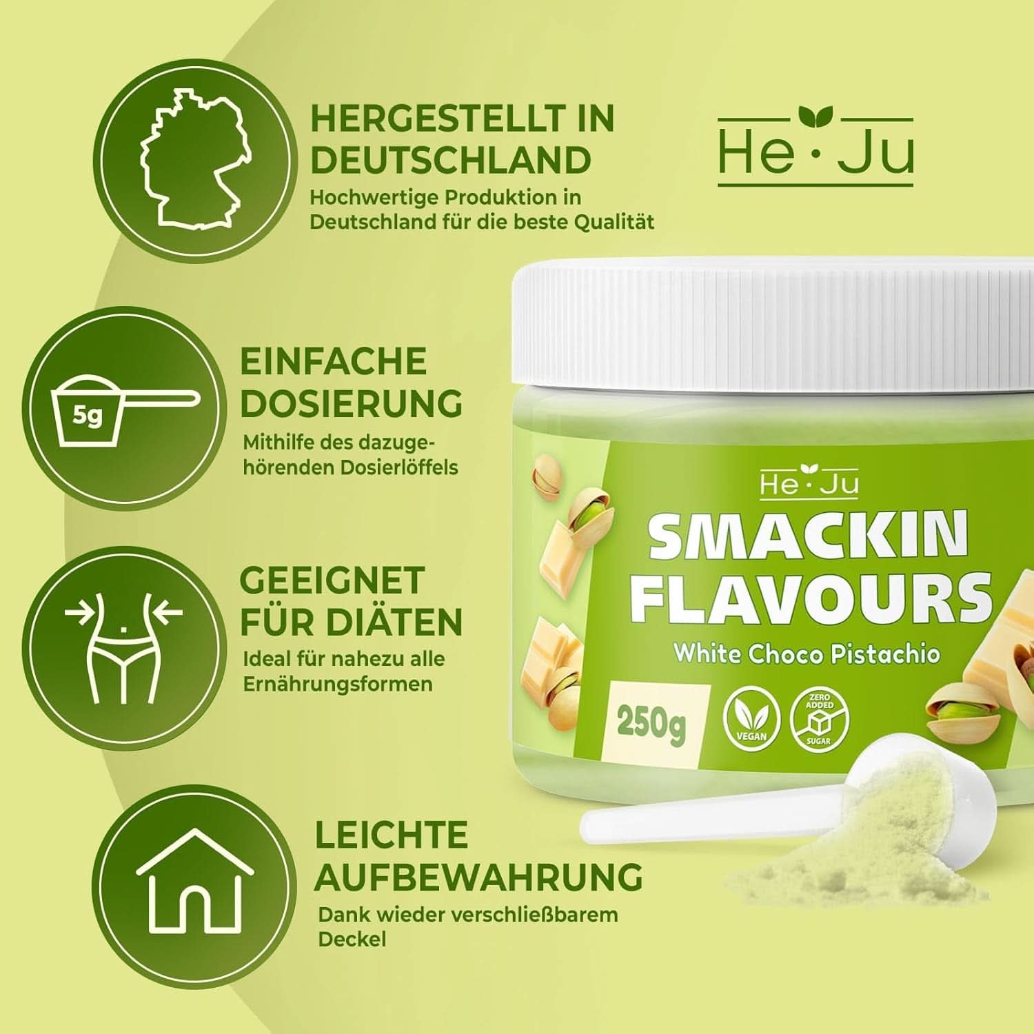 He-Ju, Polvo con sabor a chocolate blanco y pistacho, 250 gramos Naty Shop Sabores
