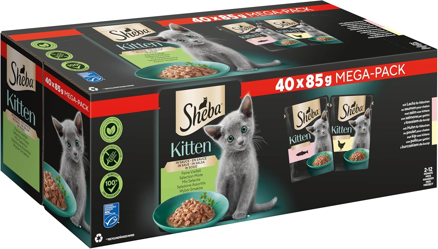 Sheba comida húmeda para gatitos, en sobres surtidos, con salmón (MSC) y pollo en salsa, multipack 40x85g