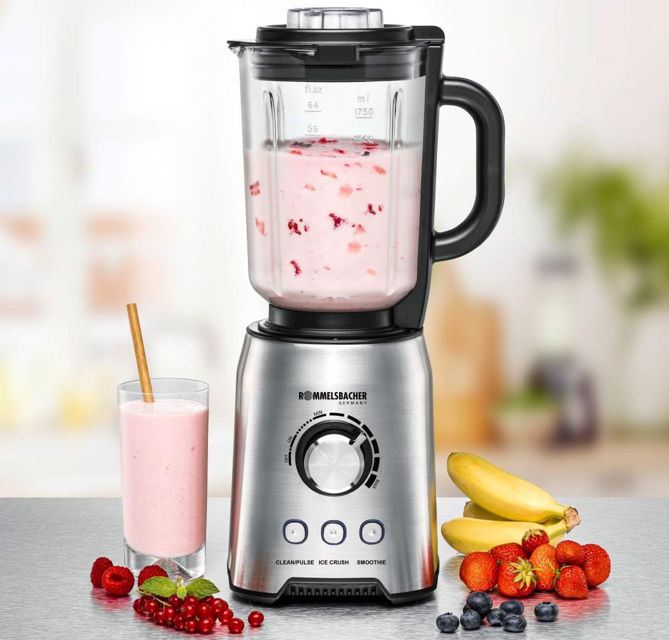 ROMMELSBACHER Batidora de pie MX 1250-22.000 U/Min, Stufenlose Drehzahlregulierung, Funktionsstasten (Smoothie, Clean/Pulse, Ice Crush), Glaskrug, Edelstahlgehäuse, Spezialmesser, 1200 Watt Cocina Naty Shop