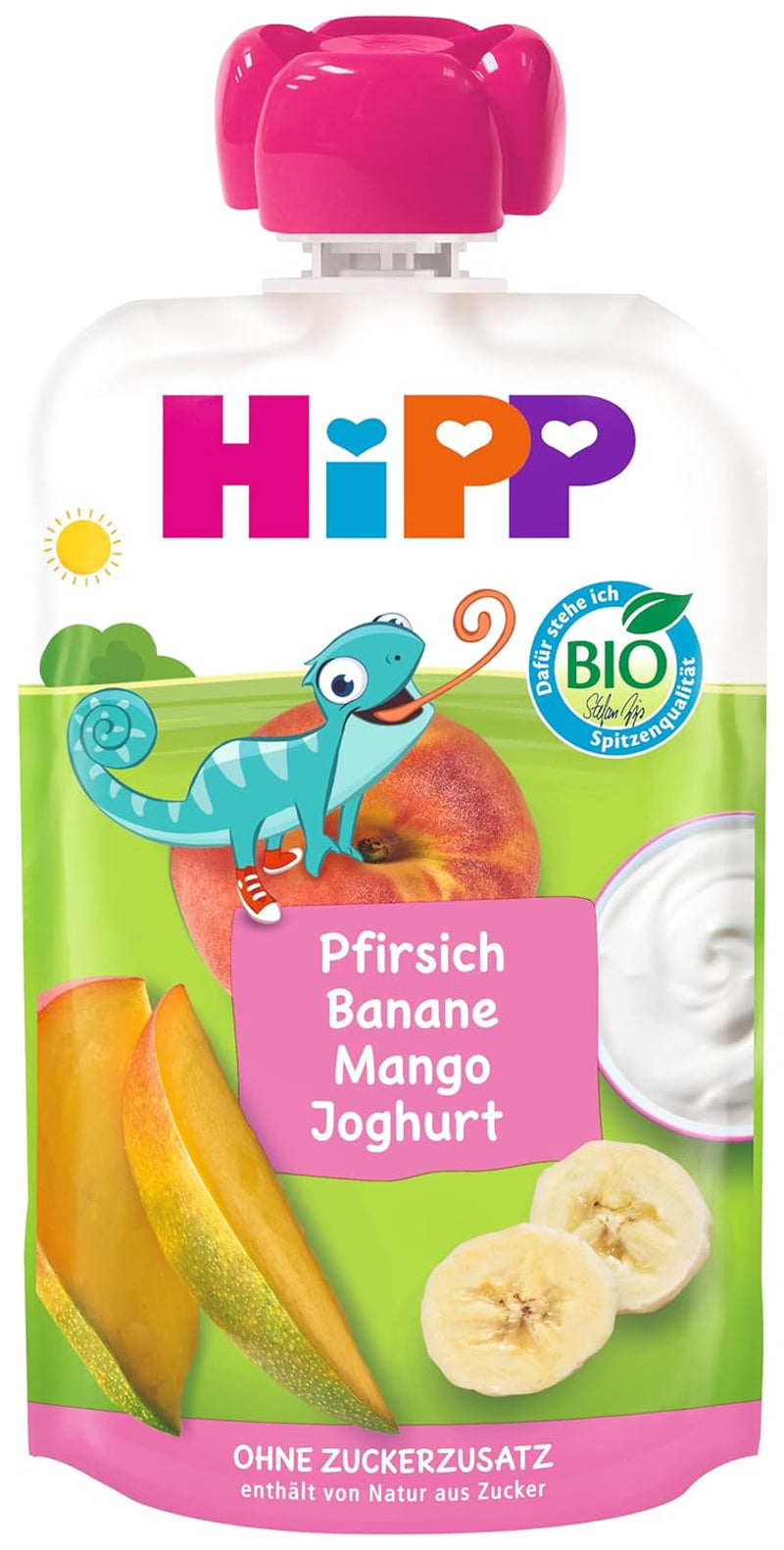 HiPP Melocotones Plátanos Mango con Yogurt, Bolsa Compresible a partir de 1 año, 8 x 100g