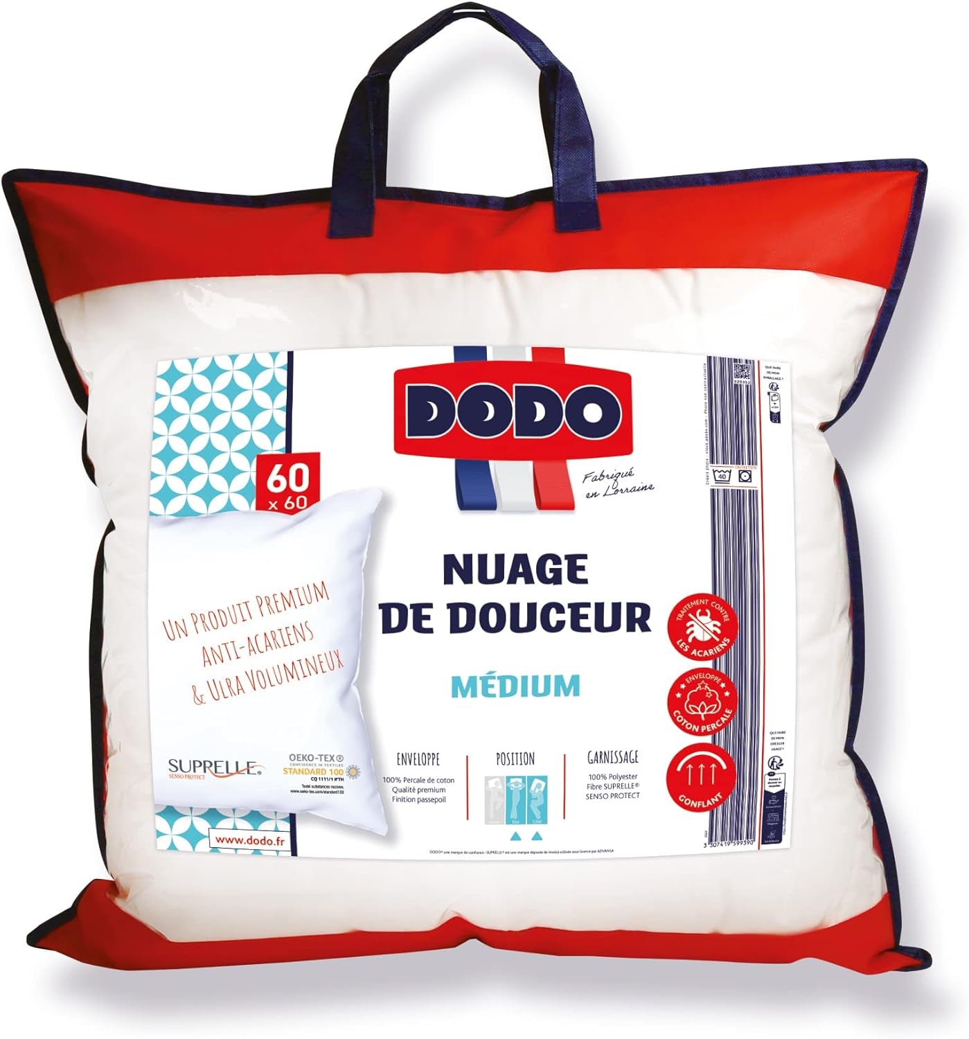 Almohada DODO Premium, 60 X 60 Cm, Confort Medio, Almohada Cloud De Douceur | A prueba de ácaros y esponjoso | Algodón Percal + Ribetes Lavable a máquina a 40 °C Almohadas estándar Naty Shop