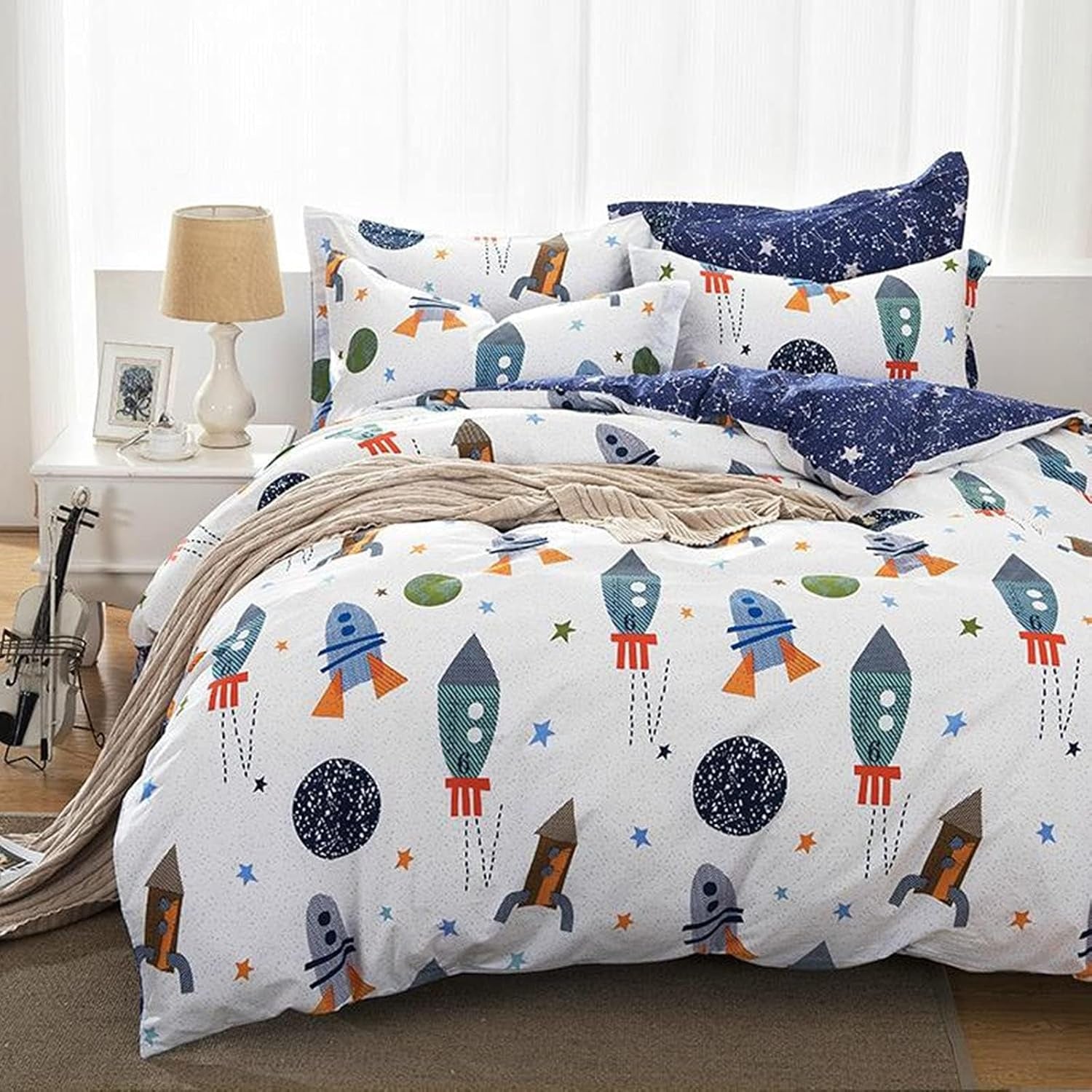 Ropa de cama infantil, cohetes y planetas, diseño reversible, algodón Ropa de cama infantil Naty Shop 135X200Cm + 80X80Cm