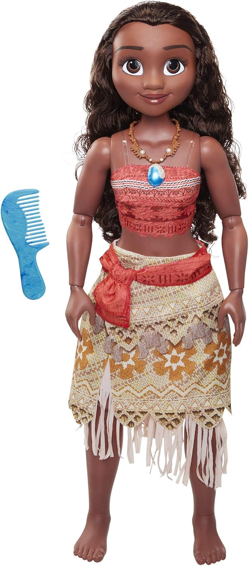 Disney Princess Vaiana, 80 cm große Spielpuppe von Jakks Pacific, bewegliche Puppe, mit Bürste zum Kämmen ihrer welligen Locken, vom Film Inspired Kleid, abnehmbare Halskette mit Anhänger