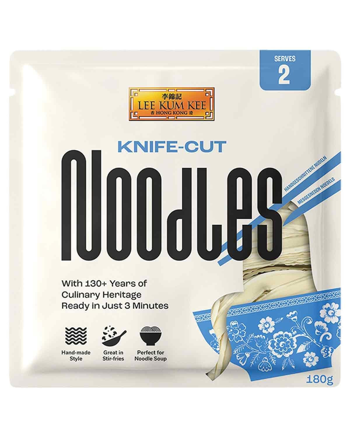 LEE KUM KEE Fideos cortados con cuchillo: fideos asiáticos cortados con cuchillo con una textura firme y sabrosa, ideales para platos y sopas al wok, semisecos, dos porciones por paquete, paquete múltiple de 6 x 180 g