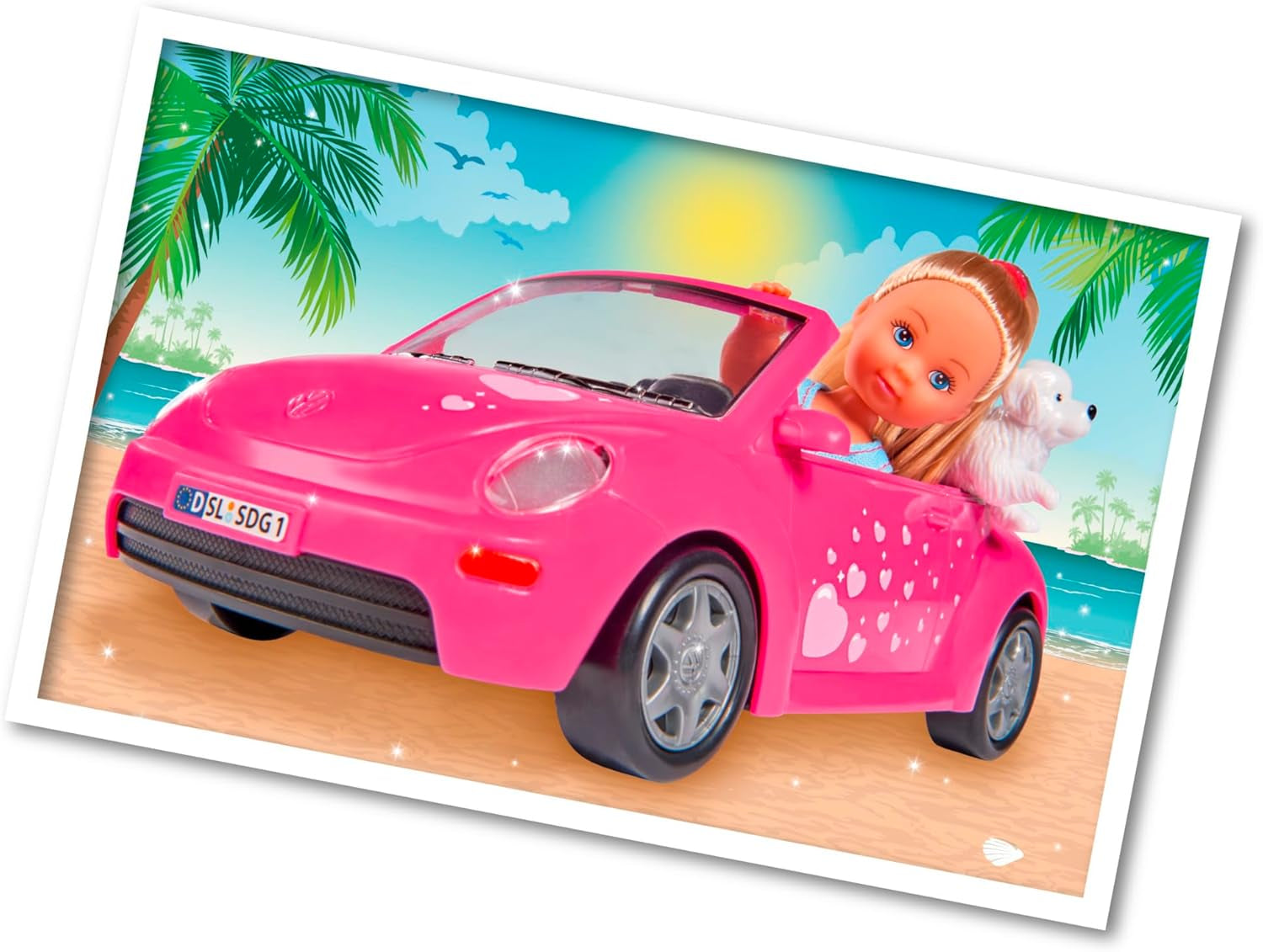 Simba 105731539 - Evi Love Beetle Evi's, Evi con coche, coche: 22 cm, con perro, muñeca de moda, 12 cm, para niños a partir de 3 años