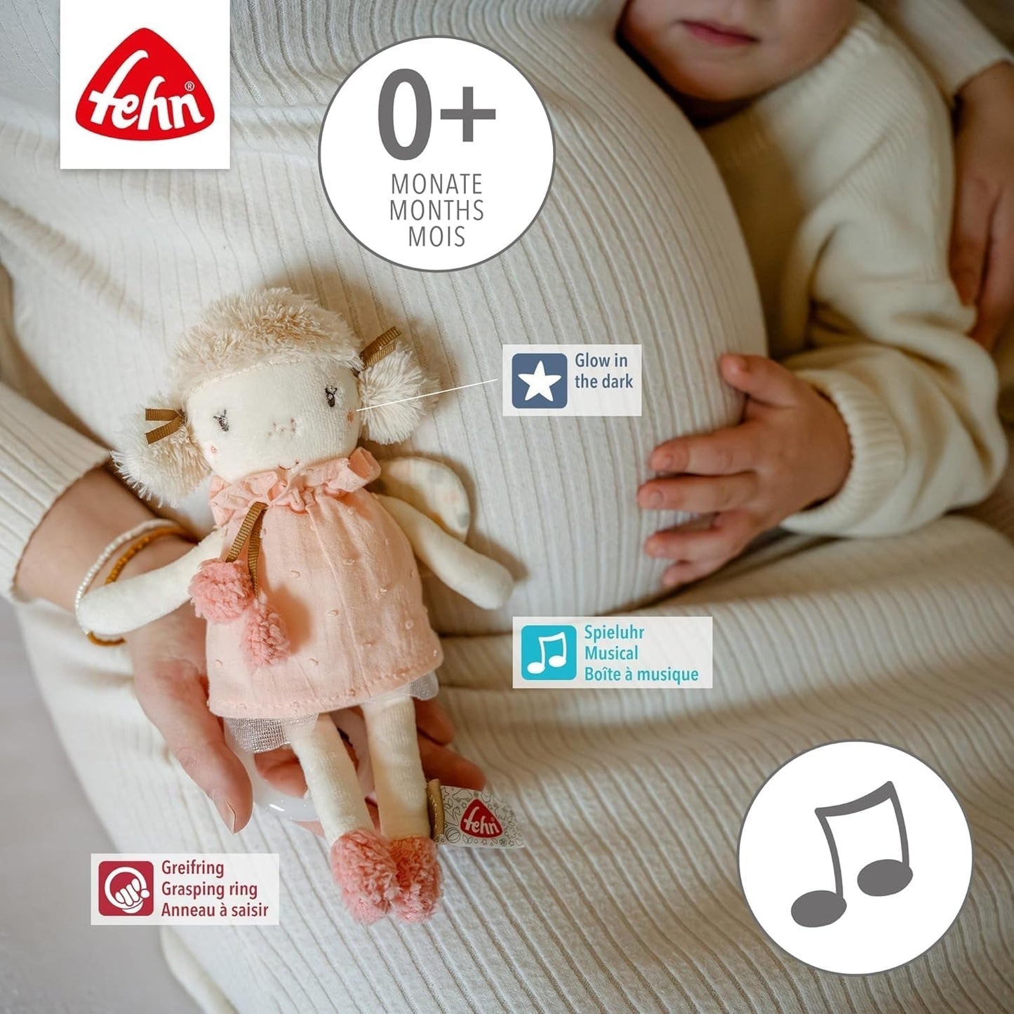 Fehn mini caja de música hada - peluche y ayuda para dormir: caja de música de cuerda con la suave melodía "El lago de los cisnes" que calma en cualquier situación - para bebés y niños pequeños a partir de 0 meses Juguetes Bebe Naty Shop