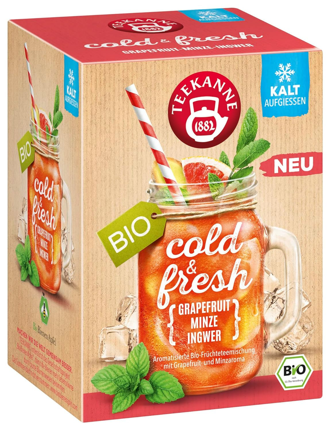 Teekanne Cold & Fresh BIO 4Er Mix - Con las nuevas variedades limón-menta, melocotón-maracuyá, naranja-romero, pomelo-menta-jengibre (4 X 45G)