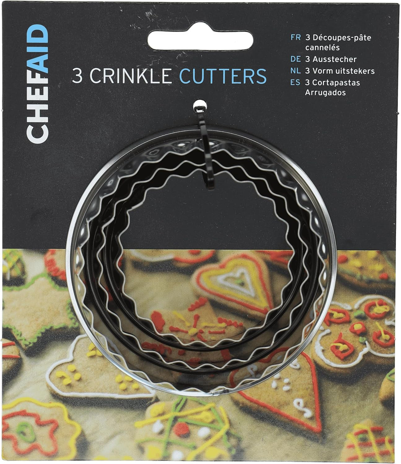 Juego de 3 moldes para galletas Chef Aid: cortadores de galletas, bollos, pasteles, mini quiche y masa, ideales para hornear en casa, decorar pasteles, fondant y círculos estriados de acero inoxidable.