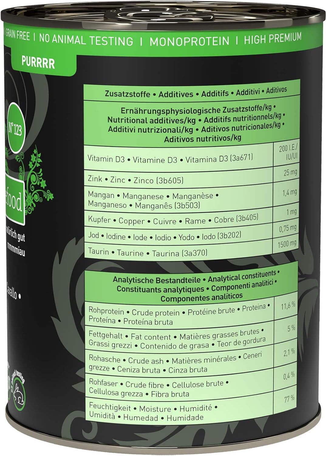 Comida húmeda para gatos Catz Finefood Purrrr Horse Monoprotein no. 123, para gatos con digestión sensible, 70% de contenido de carne, 6 cajas x 400 g