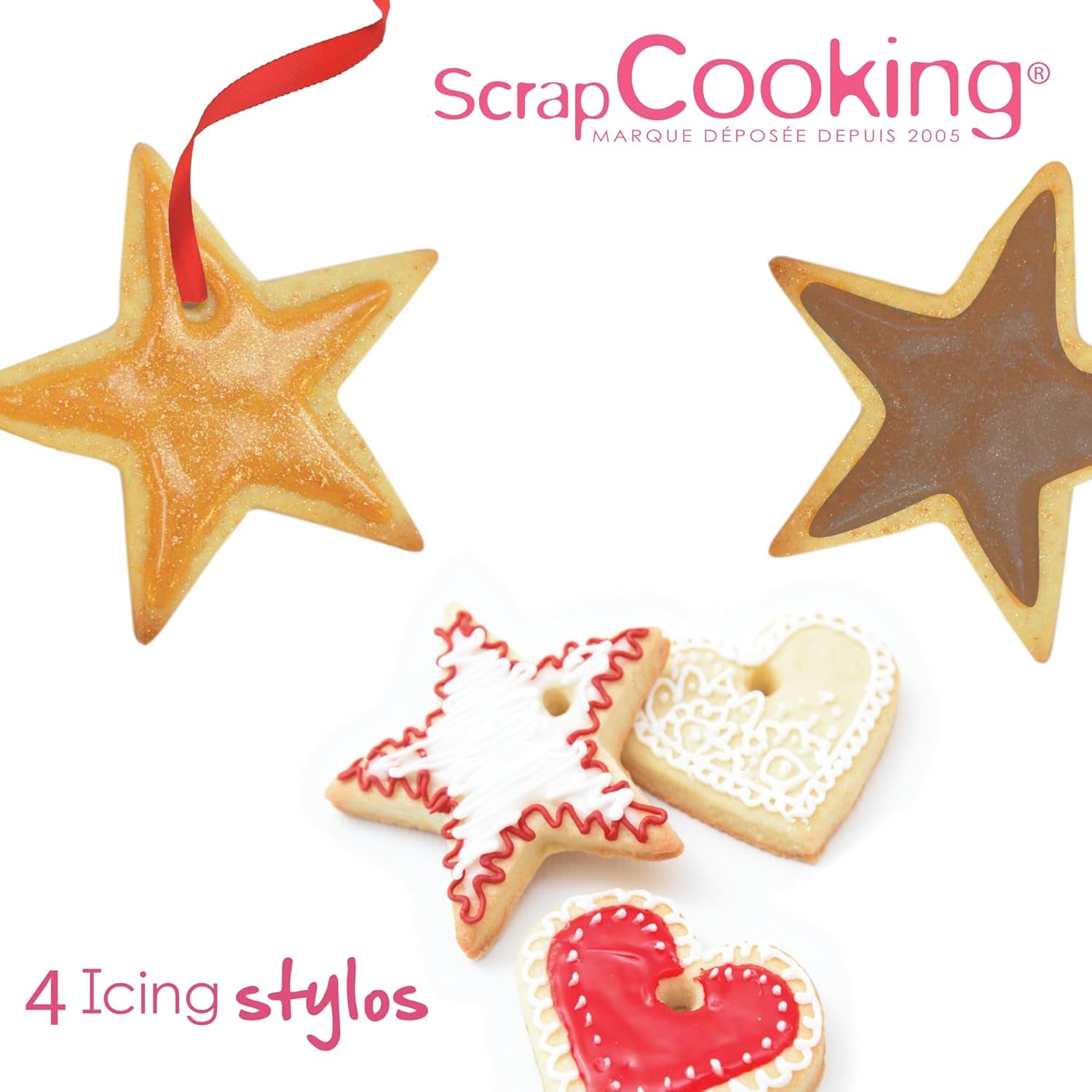 Scrapcooking - Rotuladores de 4 piezas: dorado, chocolate, blanco y rojo - Bolígrafos decorativos comestibles para escribir y dibujar en postres, pasteles y galletas
