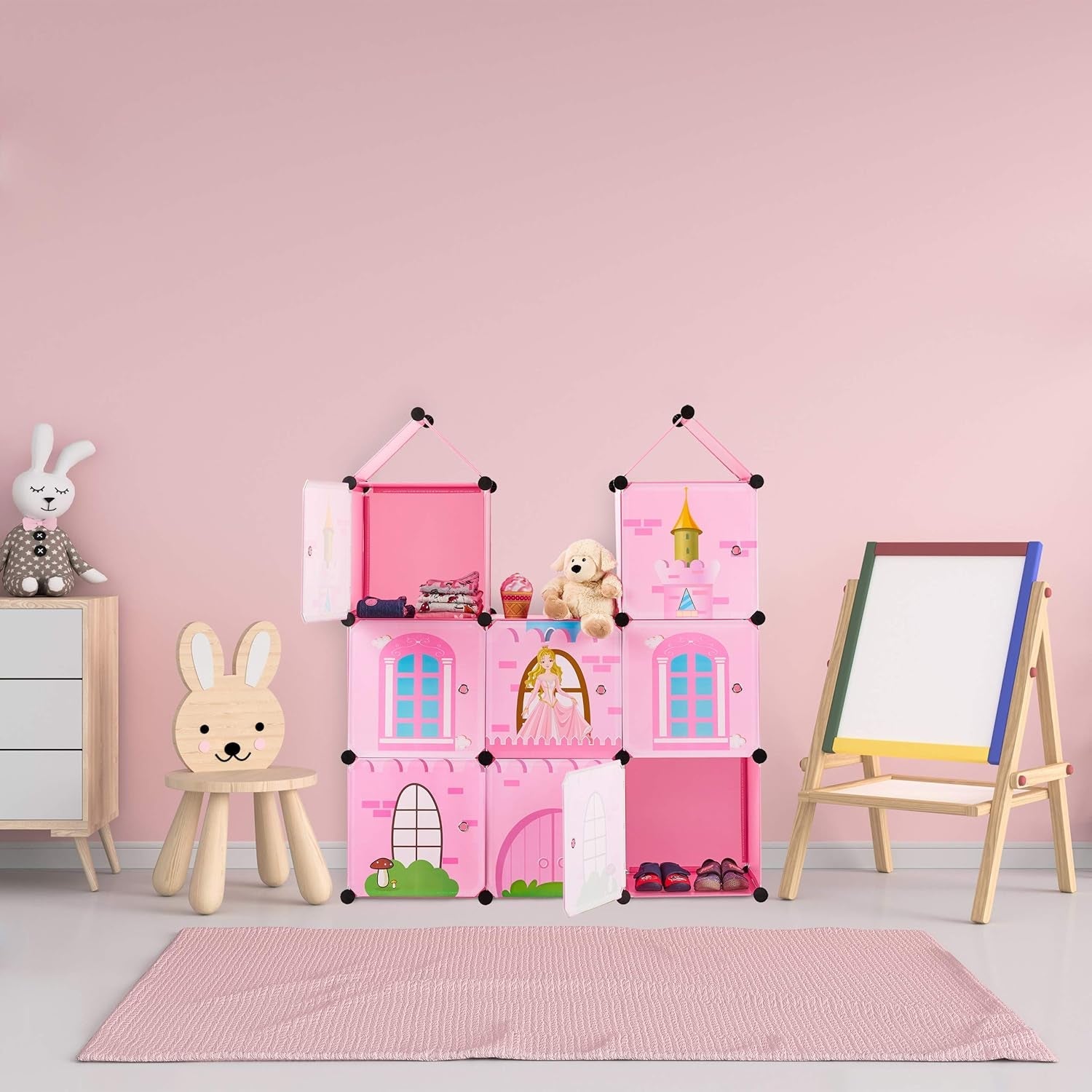 Relaxdays Estantería modular para habitación infantil, diseño Castillo de princesas, plástico, armario para montar con puertas, HL: 128 x 110 x 37 cm, rosa