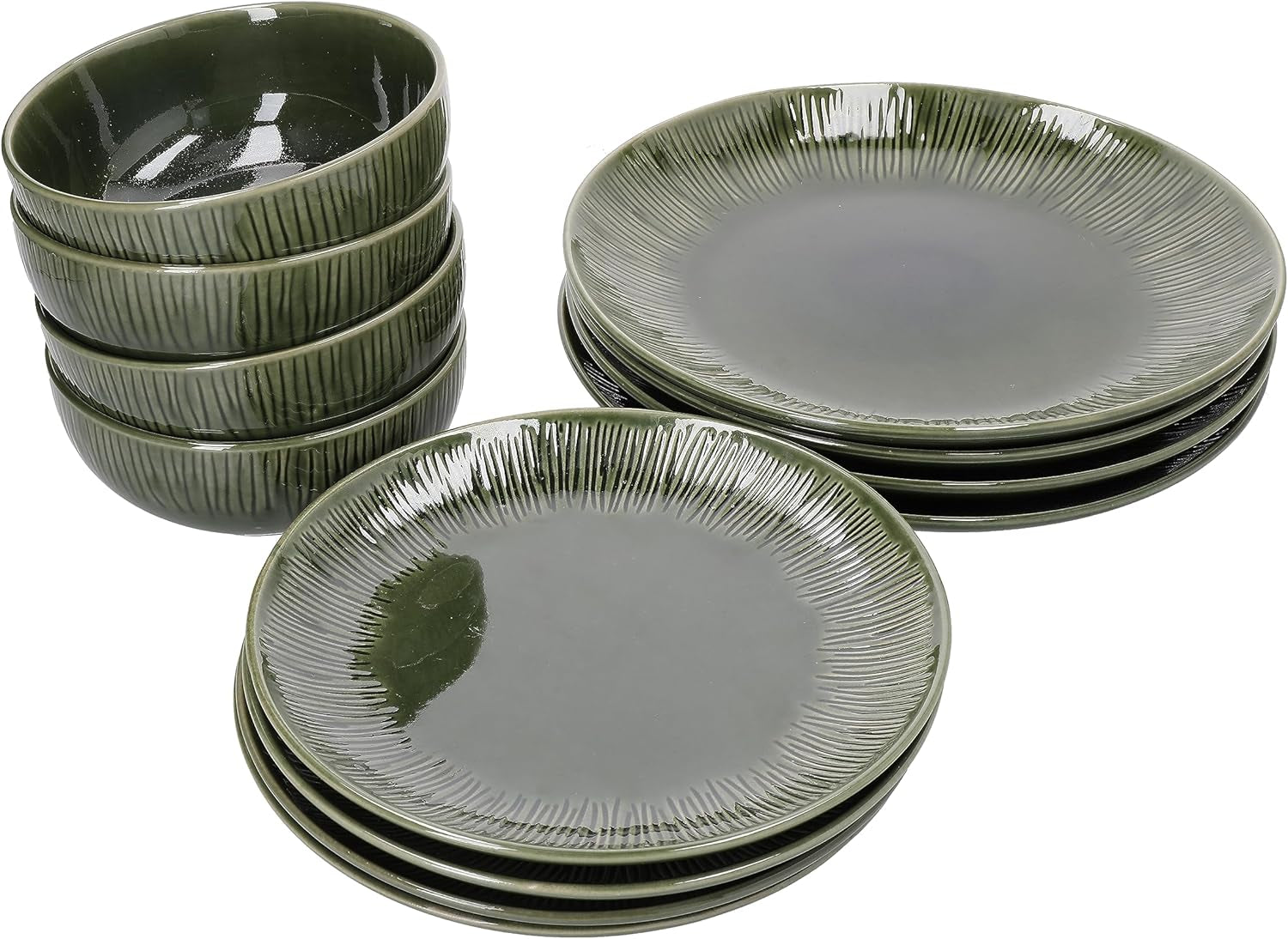 Mikasa Jardin Vajilla de gres de 12 piezas, vajilla para 4 personas con platos, guarniciones y cuencos, verde - Caja de regalo y apta para lavavajillas
