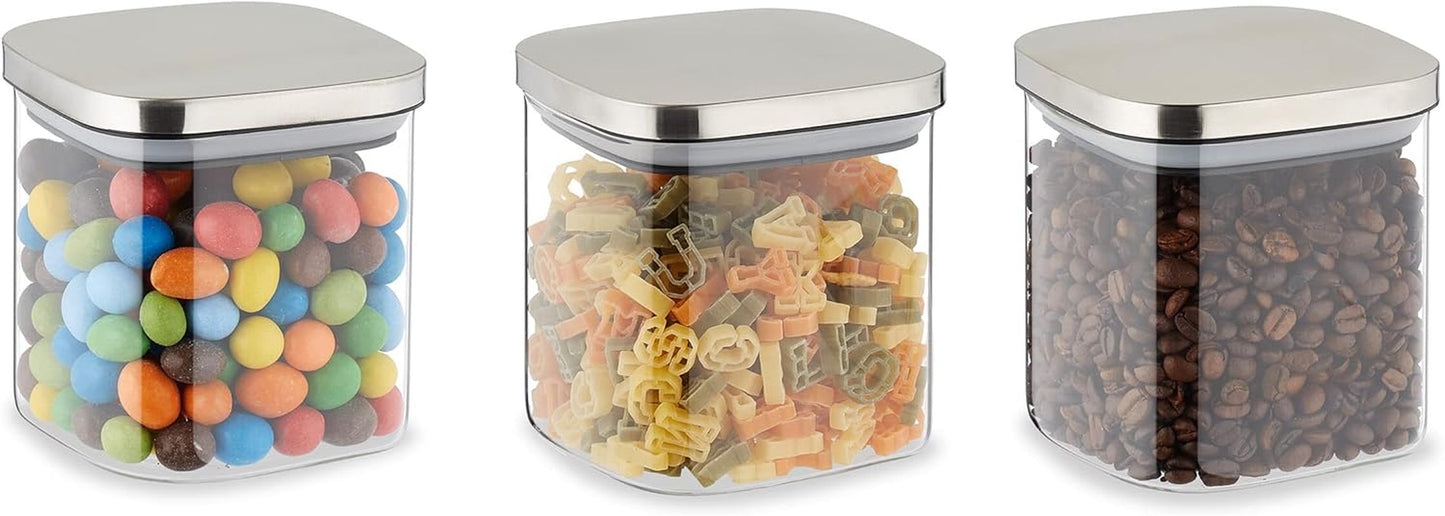 Relaxdays Tarros de Conservación con Tapa, Juego de 3 Tarros de Conservación Cuadrados de 600 ml, Recipientes de Vidrio Herméticos, Cajas de Conservación de Alimentos Transparentes/Plateadas, Naty Shop Default Title