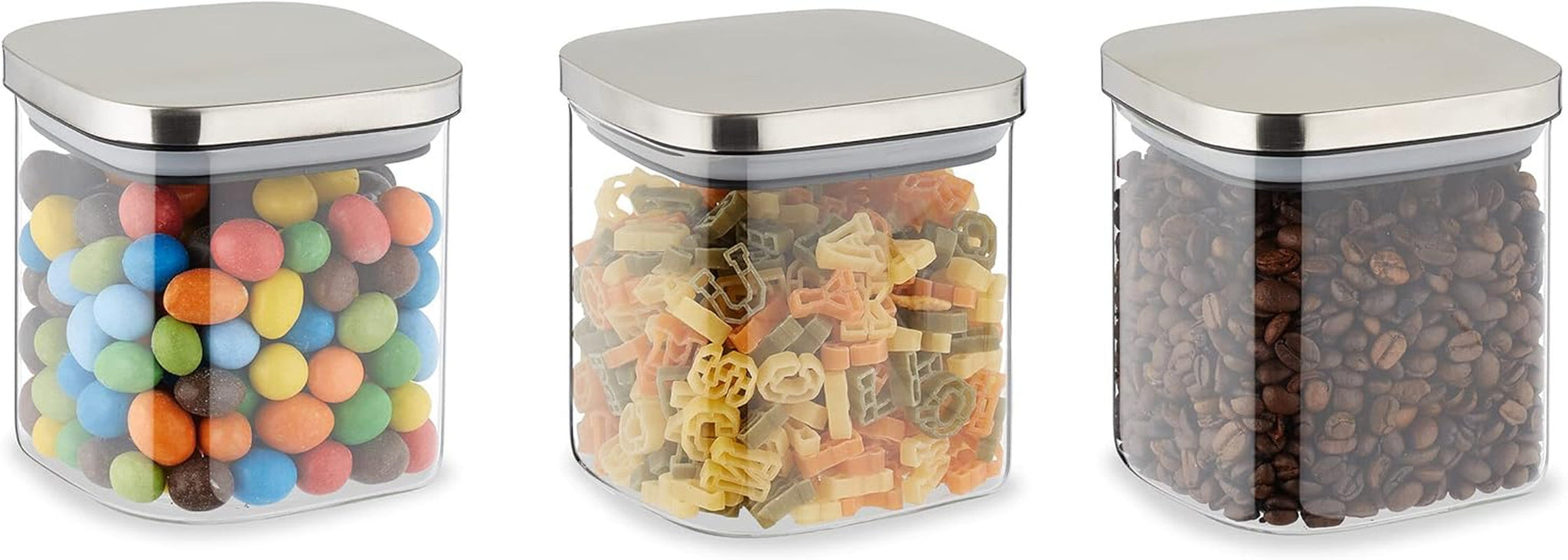 Relaxdays Tarros de Conservación con Tapa, Juego de 3 Tarros de Conservación Cuadrados de 600 ml, Recipientes de Vidrio Herméticos, Cajas de Conservación de Alimentos Transparentes/Plateadas, Naty Shop Default Title