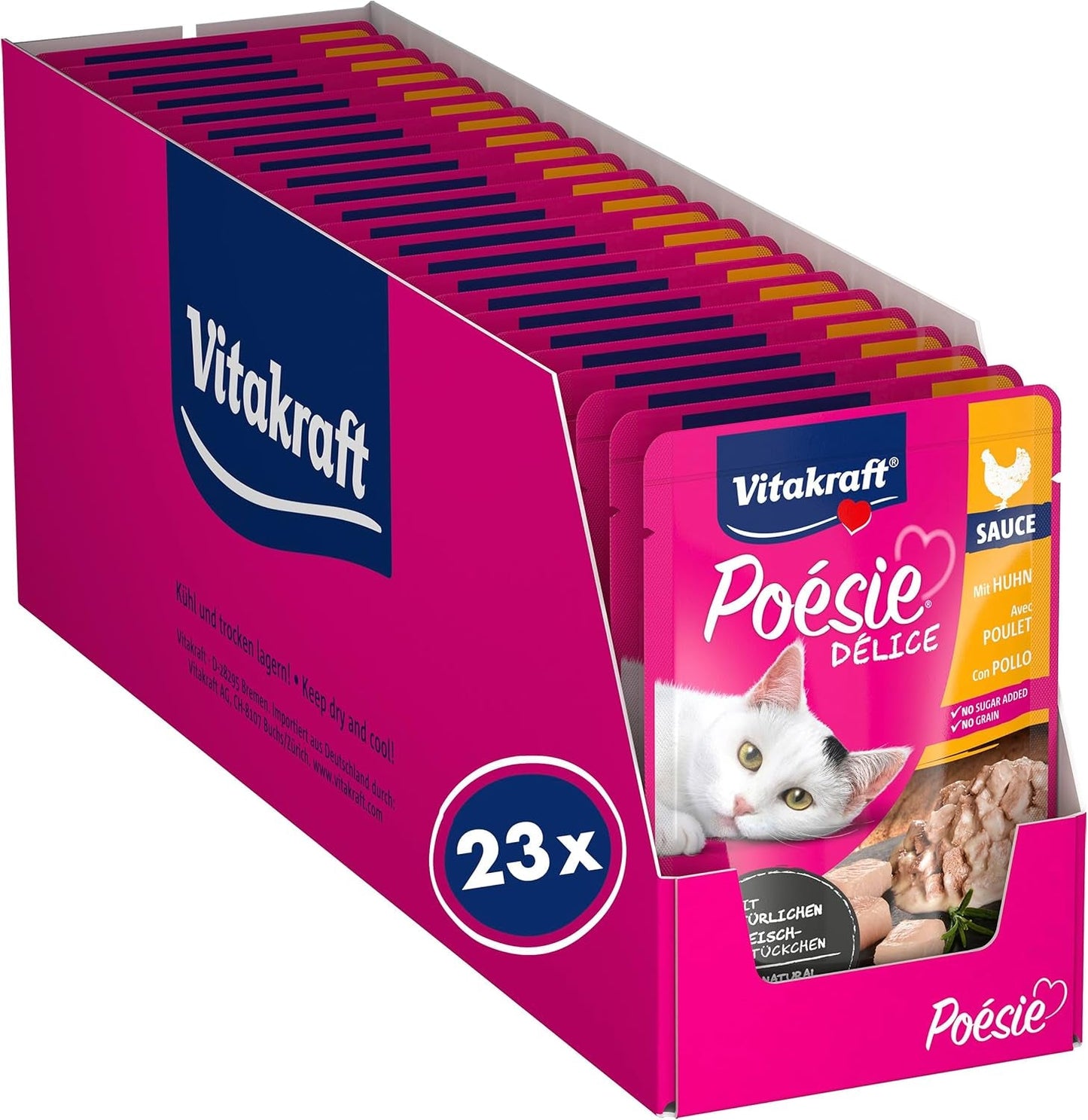 Vitakraft Poésie Délice, Nassfutter Katze, Katzennassfutter en salsa, con pollo, Vorratspackung, ohne Zusatz von Zucker und Getreide (23x 85g)