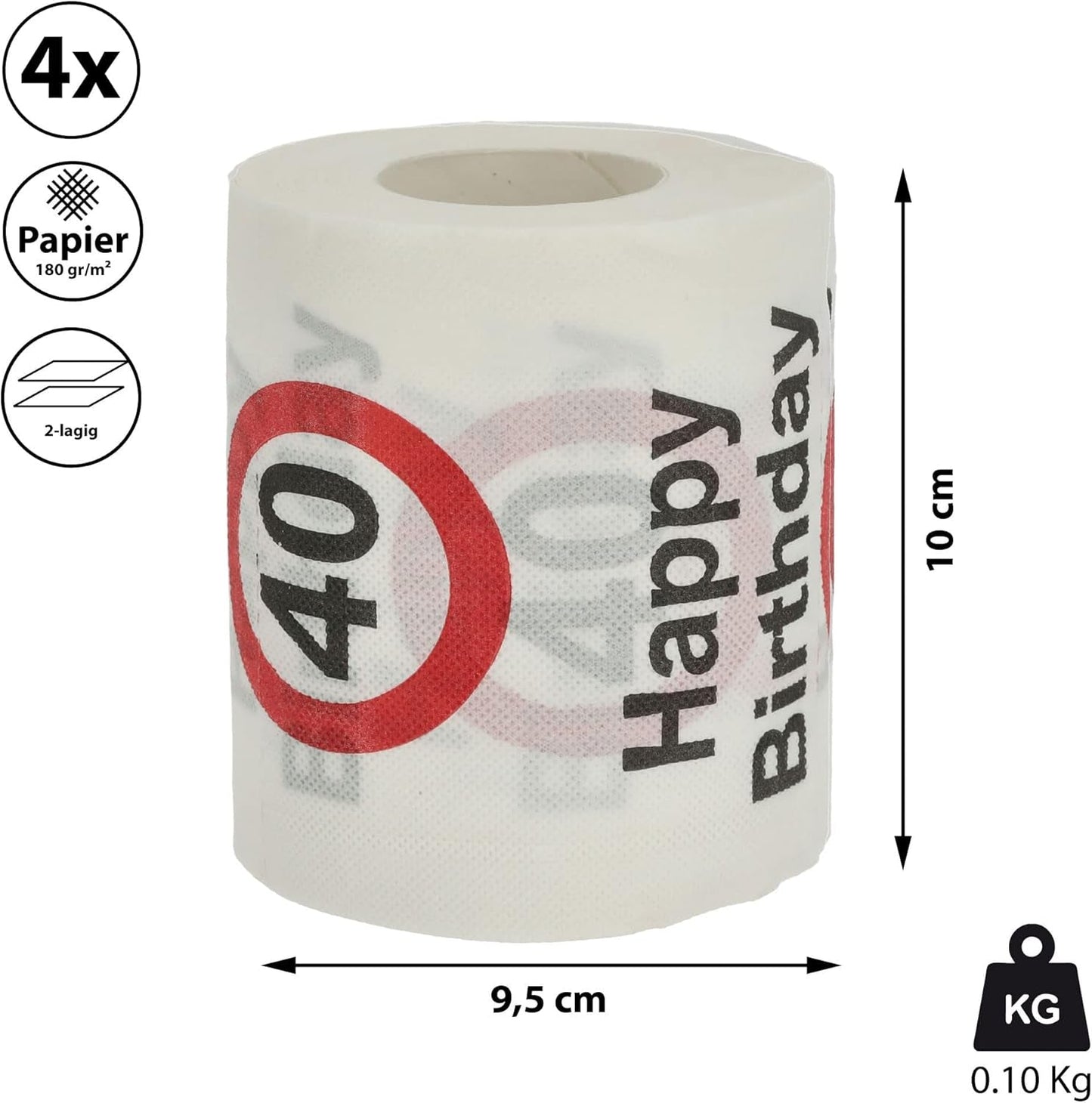 Juego de 4 papeles higiénicos "Feliz 40 cumpleaños" │40 cumpleaños 24 metros 2-telas 180Gr/Qm │ Papel higiénico con motivo de papel higiénico (4 X papel higiénico 40)