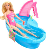 Muñeca Barbie y accesorios - piscina con tobogán y accesorios para horas de diversión bajo el sol, bañador rosa con diseño tropical, para niños a partir de 3 años, HRJ74 Naty Shop Casas de Muñecas
